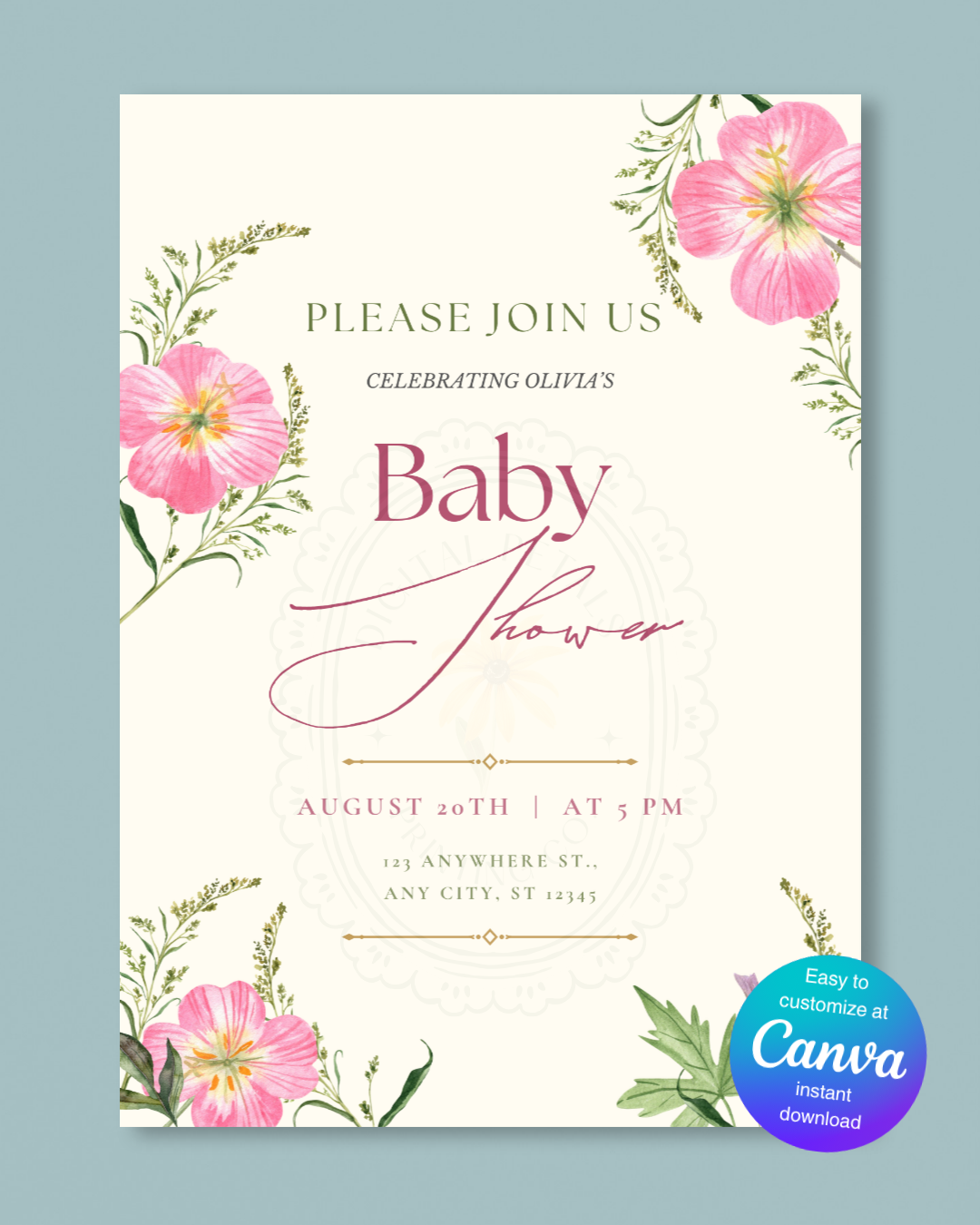 Dusty Rose & Blush Pink Wildflower Baby Shower Invitation | Minimalist Printable Invite | Digital Download