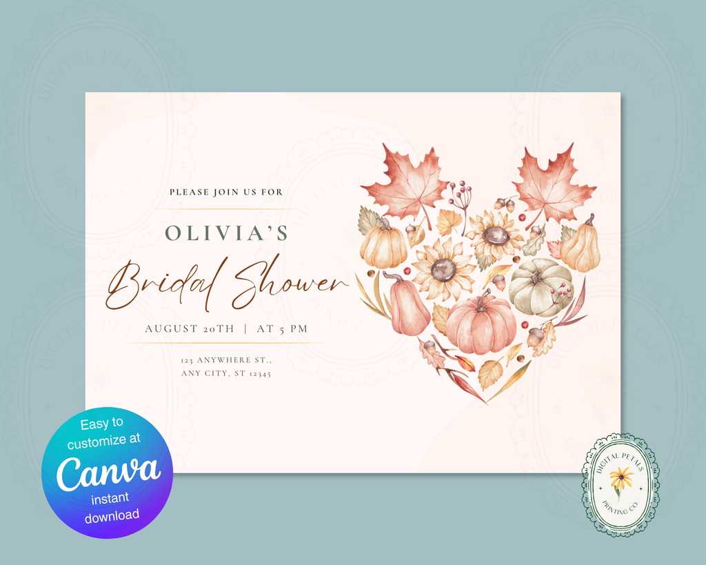 Autumn Maple Leaves Fall Bridal Shower Invitation | Printable Landscape Template | Digital Download