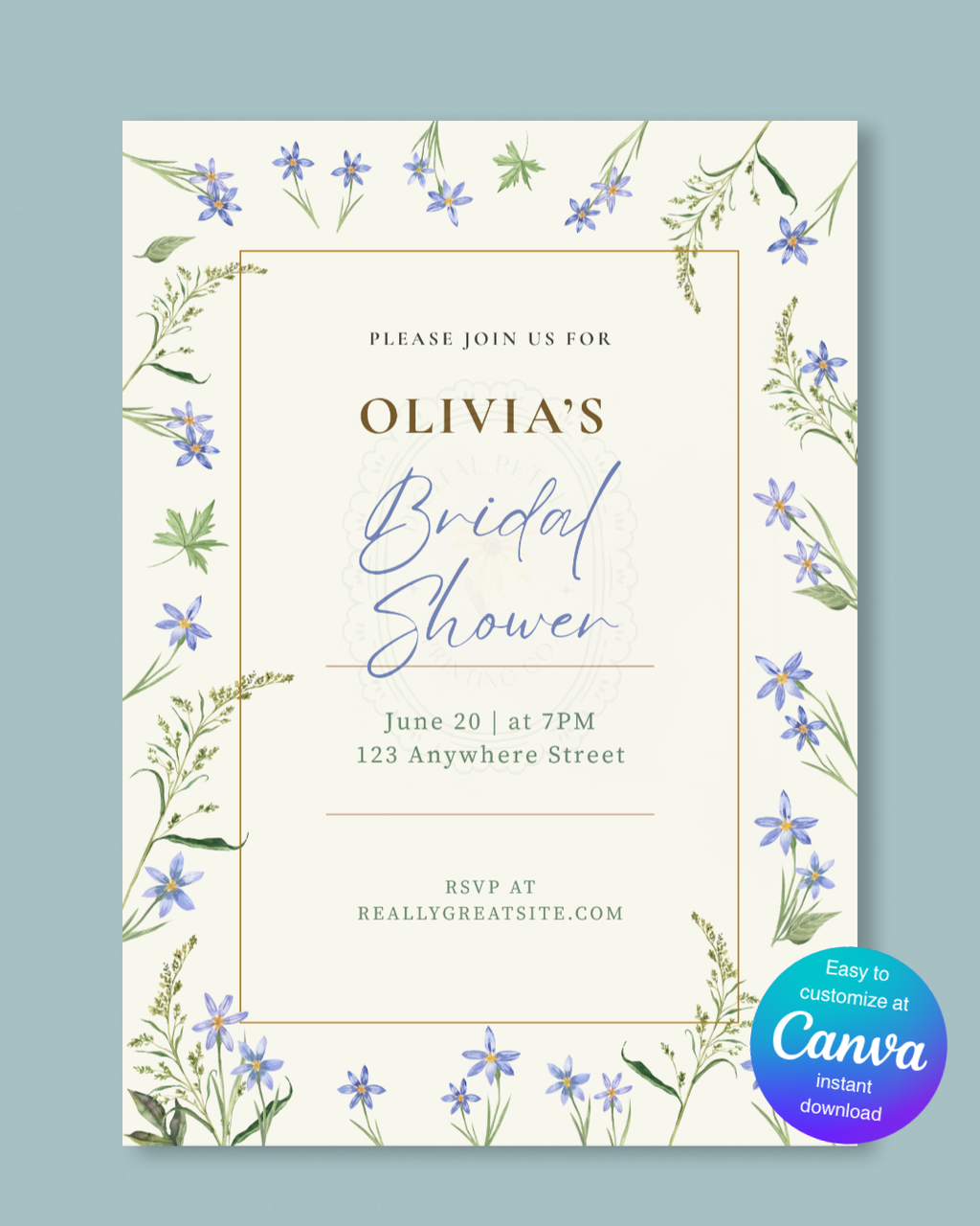 Blue Floral Border Bridal Shower Invitation Template | Editable Digital Download