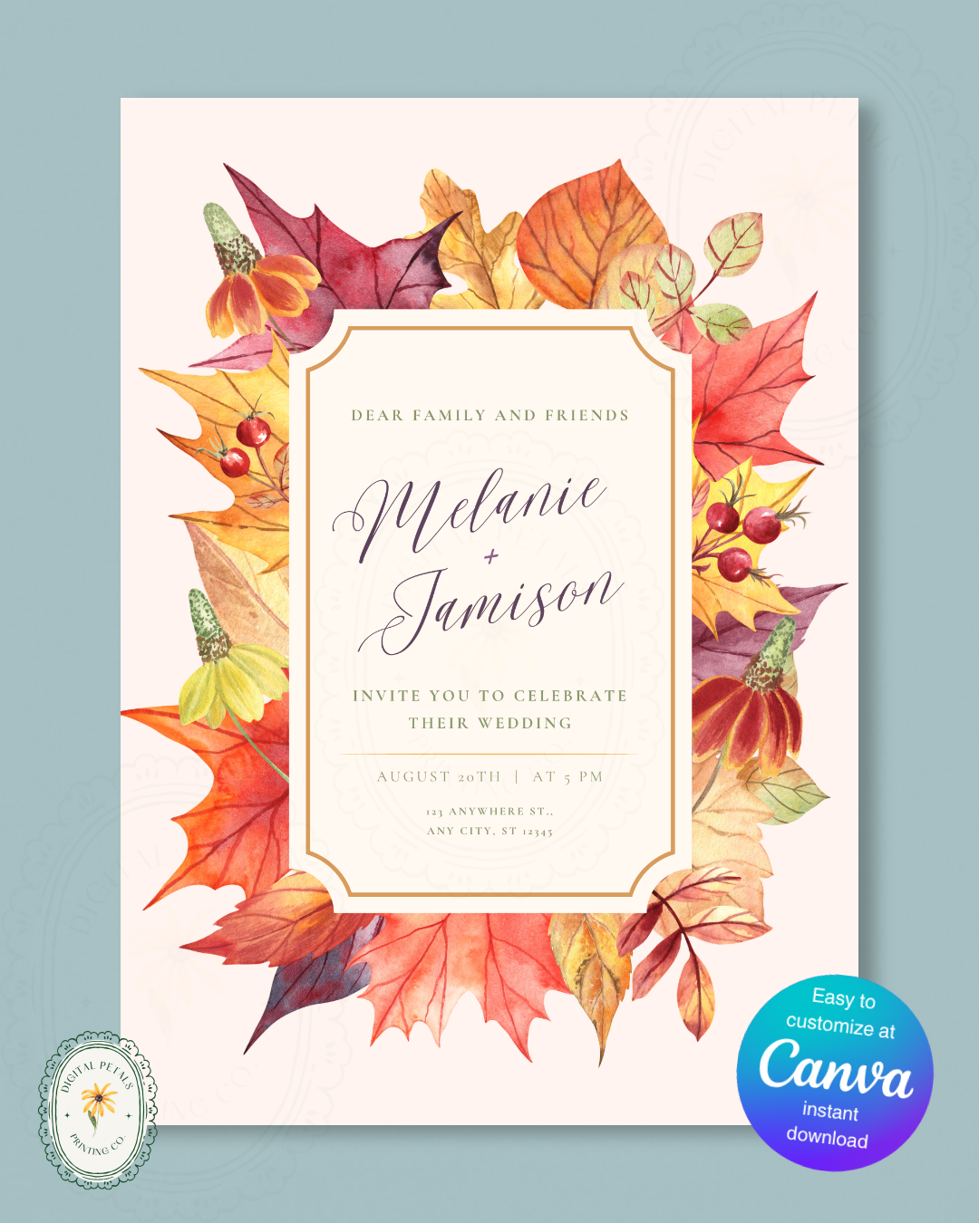 Fall Wedding Invitation Printable | Autumn Harvest Wildflower Boho Wedding Invite | Digital Download