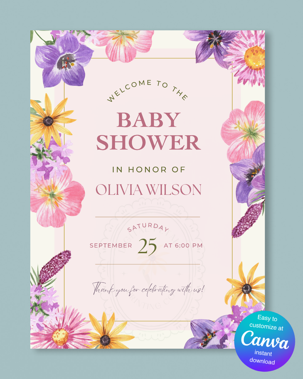 Pink Cottagecore Baby Shower Welcome Sign | Editable Canva Template, Wildflower Floral