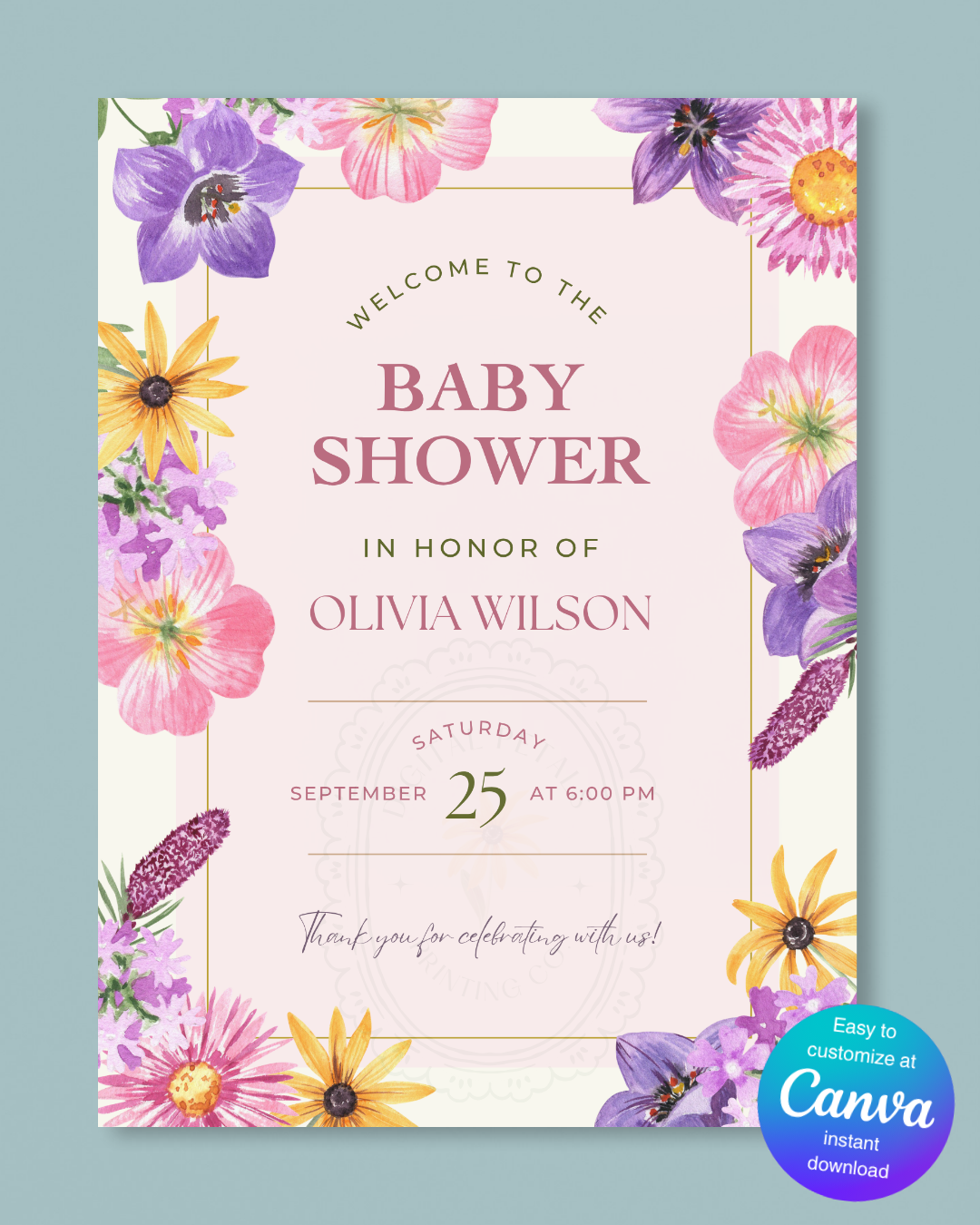 Pink Cottagecore Baby Shower Welcome Sign | Editable Canva Template, Wildflower Floral