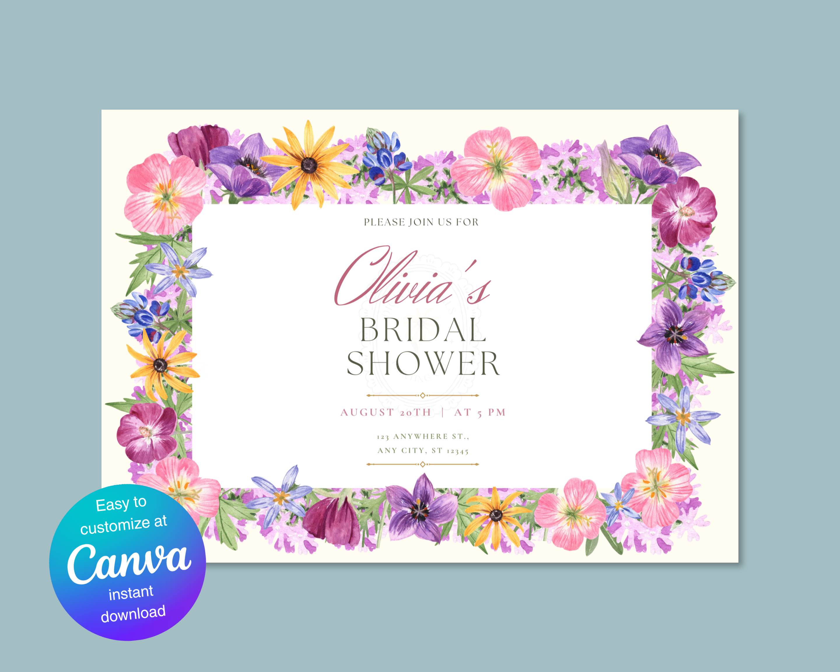 Lavender Spring Wildflowers Bridal Shower Invitation | Printable Landscape Template | Digital Download