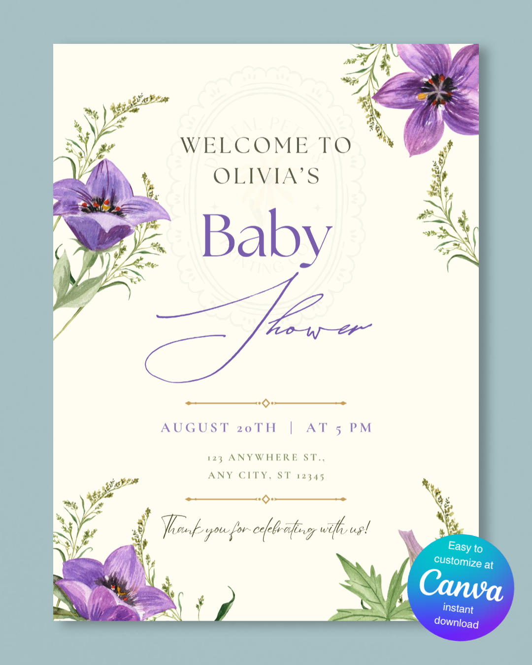 Violet & Periwinkle Wildflower Baby Shower Welcome Sign | Editable Canva Template | Digital Download