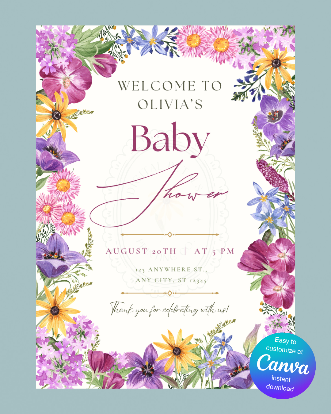 Wildflower Border Baby Shower Welcome Sign | Editable Canva Template | Digital Download