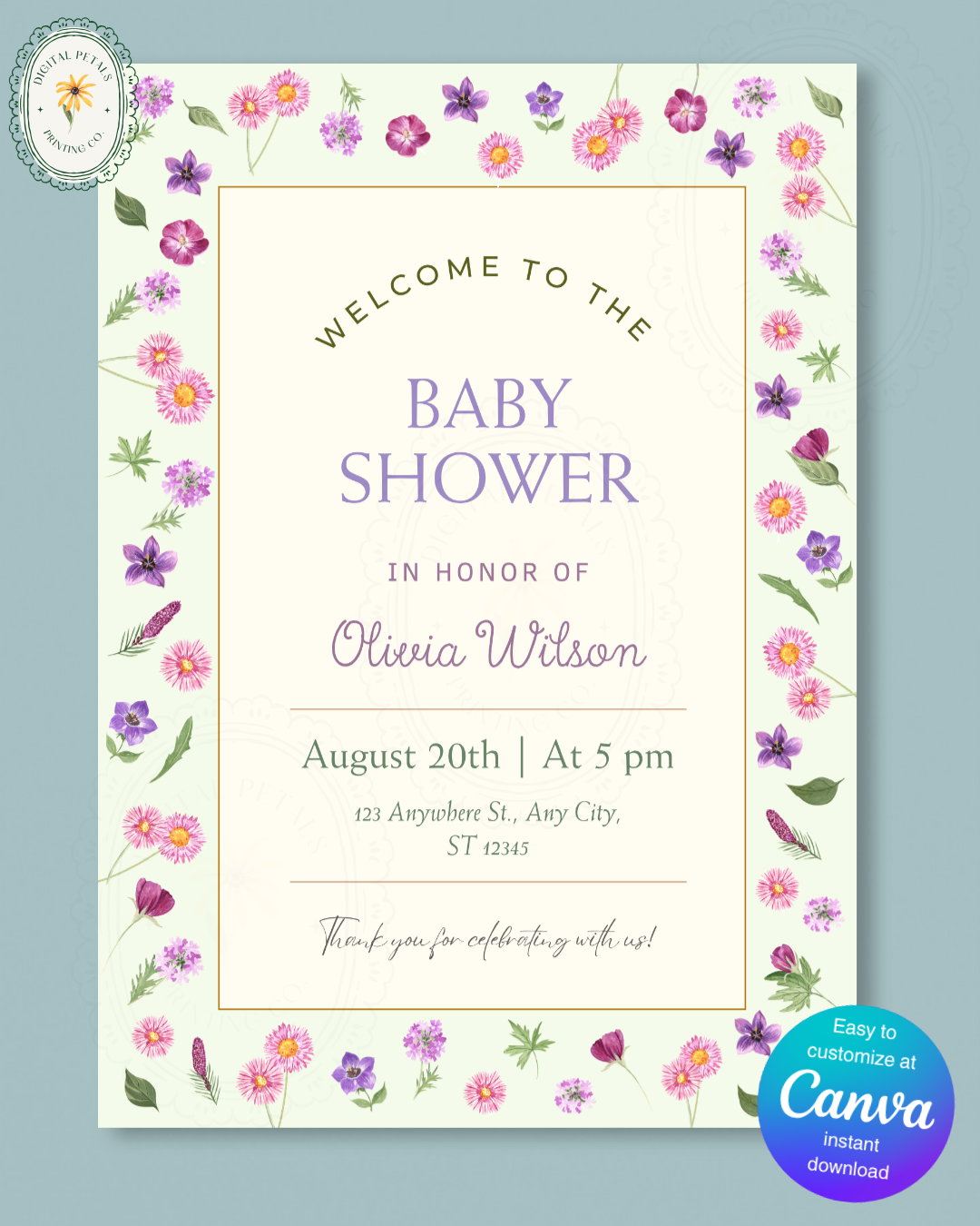 Spring Garden Wildflowers Baby Shower Welcome Sign Template | Editable Canva Digital Download