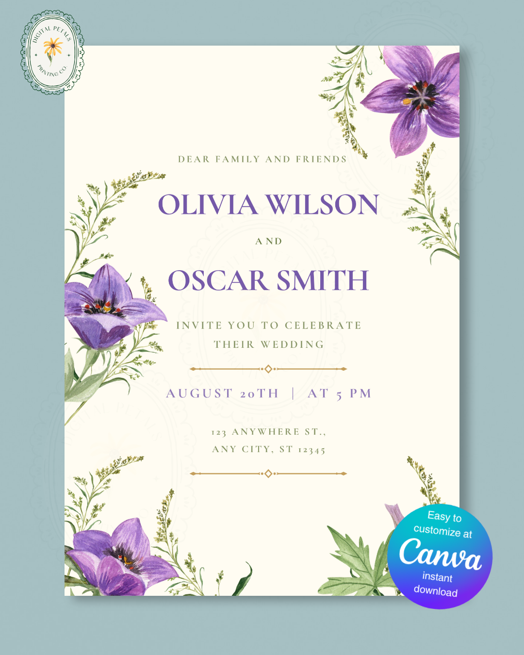 Violet & Periwinkle Wildflower Wedding Invitation | Minimalist Printable Invite | Digital Download