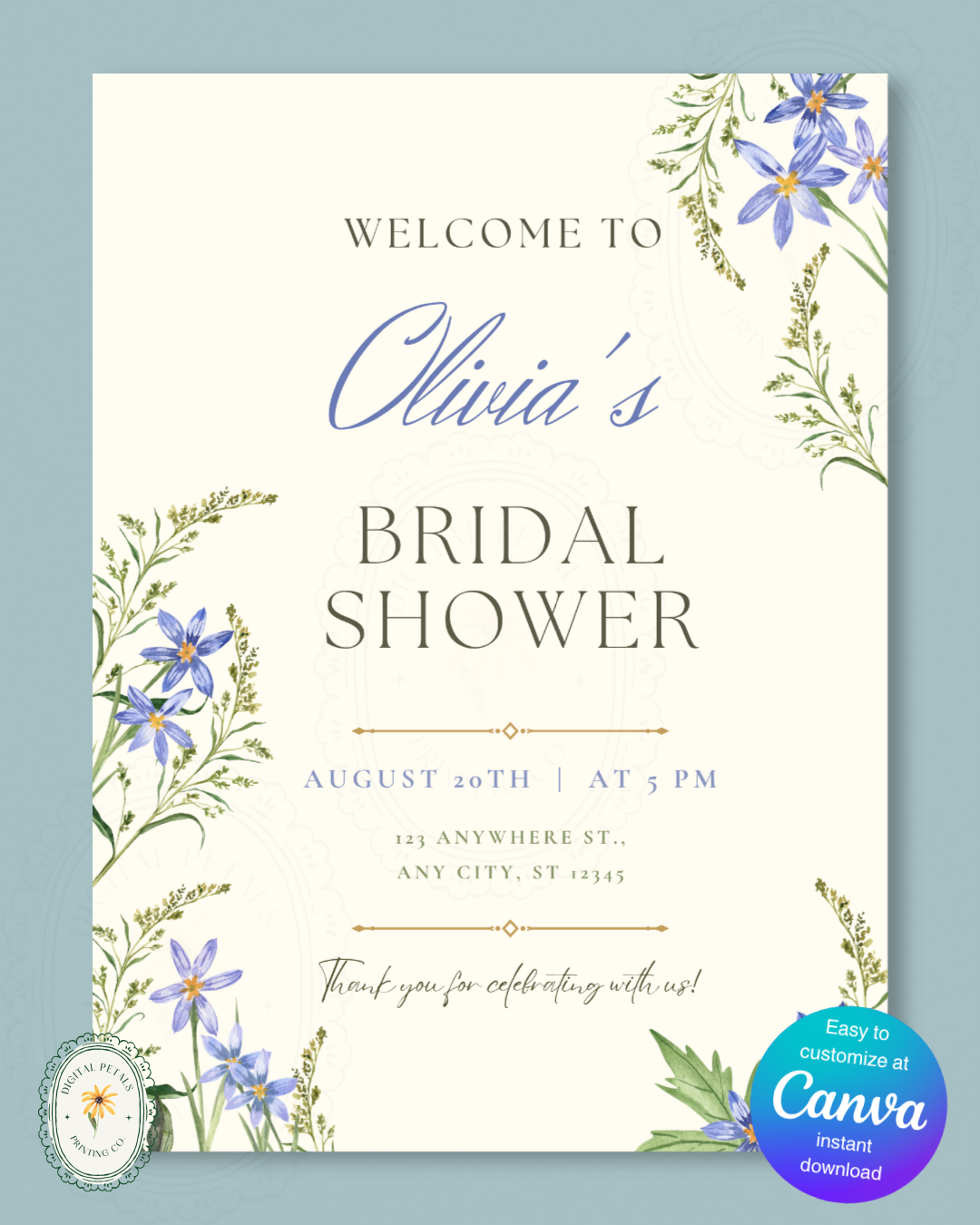 Powder Blue Wildflower Bridal Shower Welcome Sign | Editable Canva Template | Digital Download