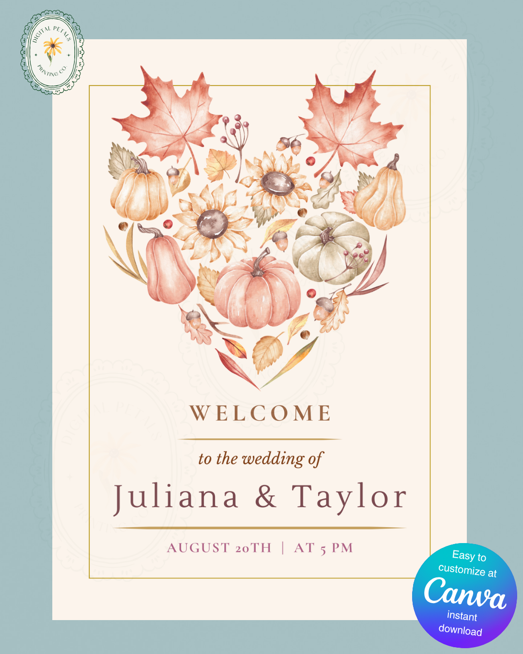 Burgundy Fall Leaves Watercolor Wedding Welcome Sign Template | Editable Digital Download