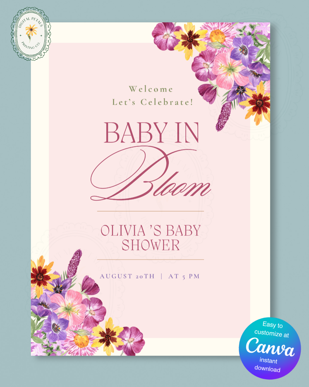 Baby in Bloom Baby Shower Welcome Sign Template | Editable Canva Digital Download