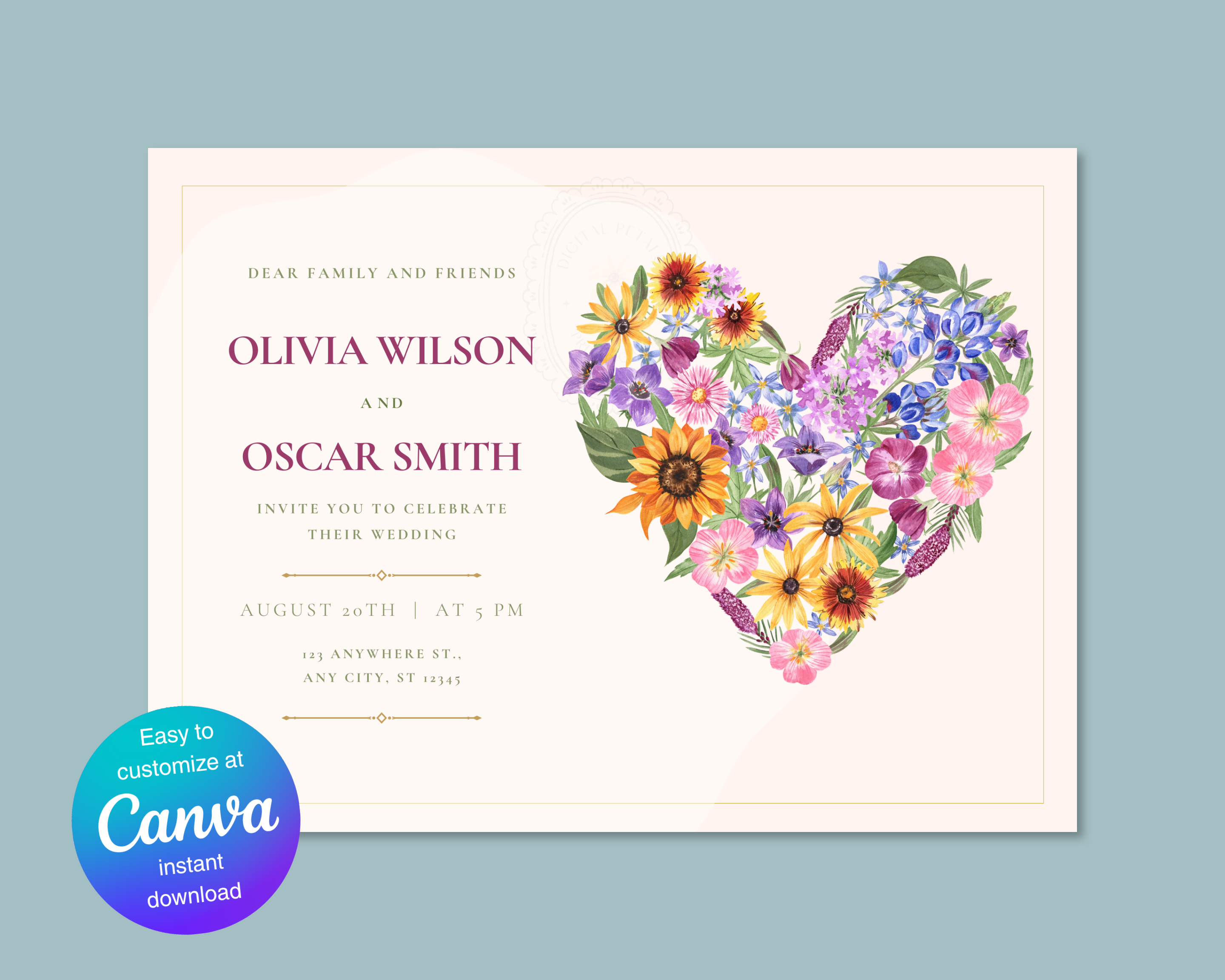 Lavender Wildflower Spring Heart Wedding Invitation | Floral Landscape Digital Download | Canva Editable
