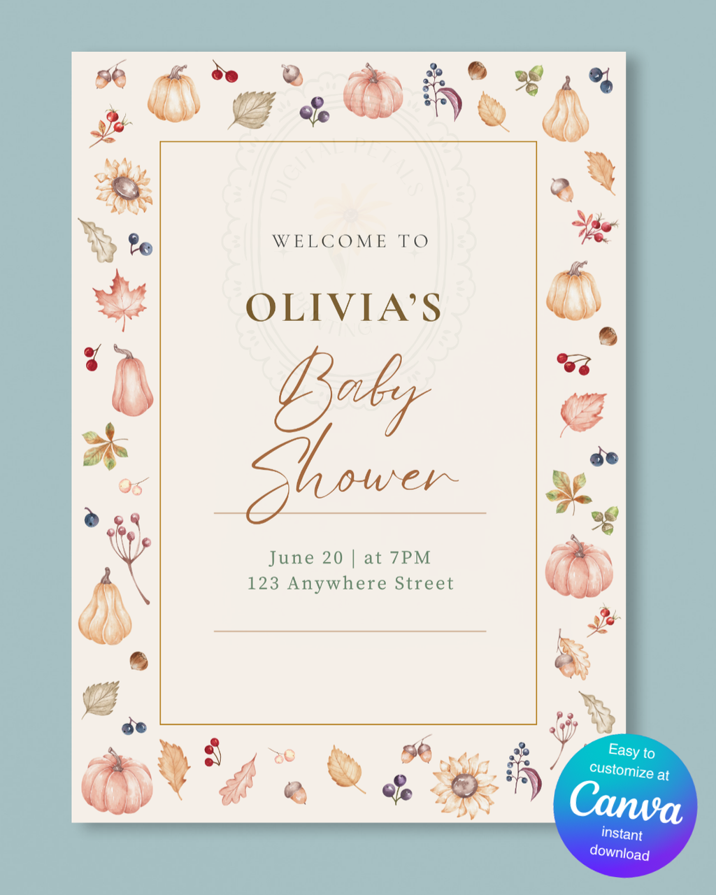 Autumn Harvest Wildflowers Baby Shower Welcome Sign Template | Editable Canva Digital Download