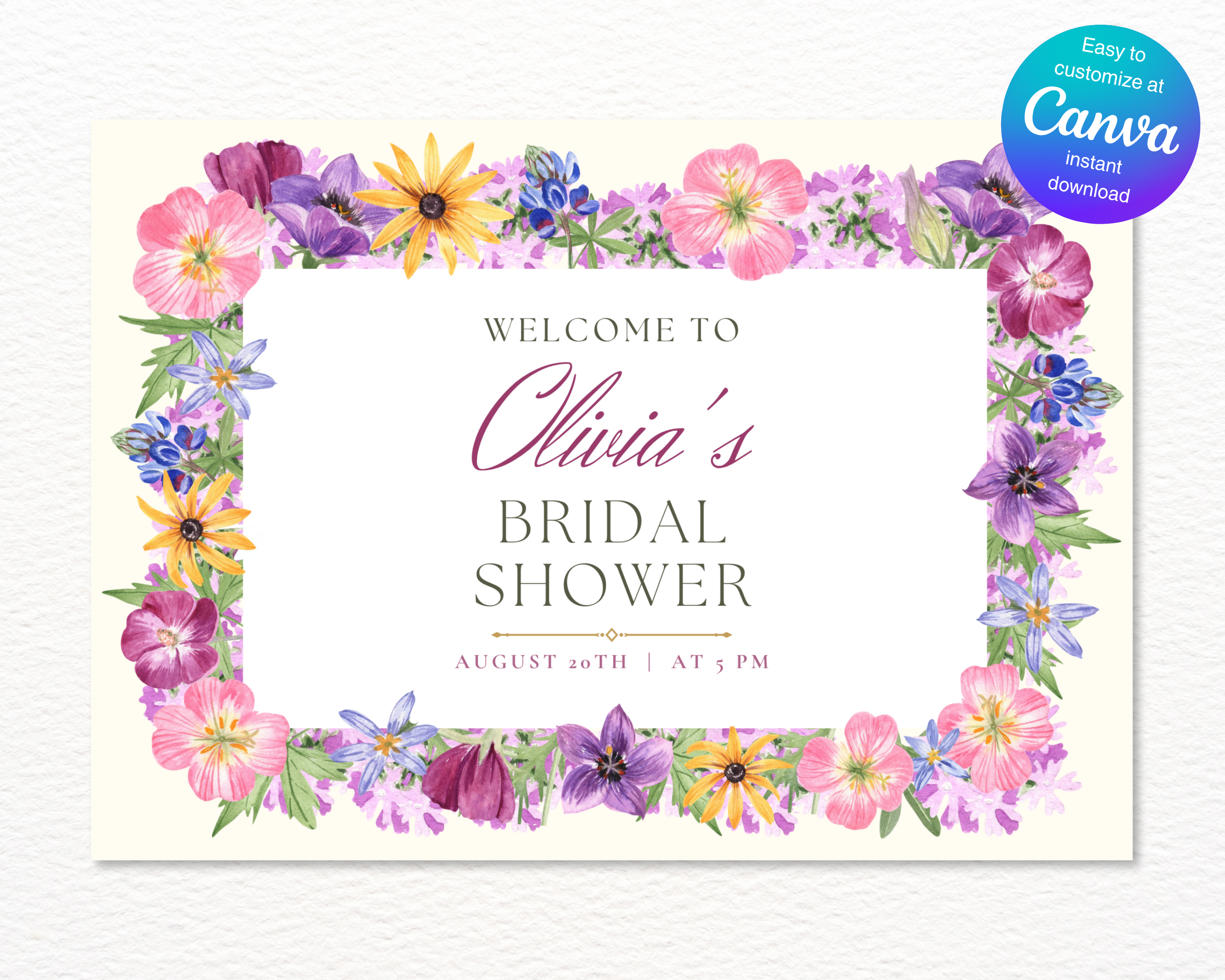 Bridal Shower Garden Party Welcome Sign Wildflower Border Template | Editable Canva Digital Download