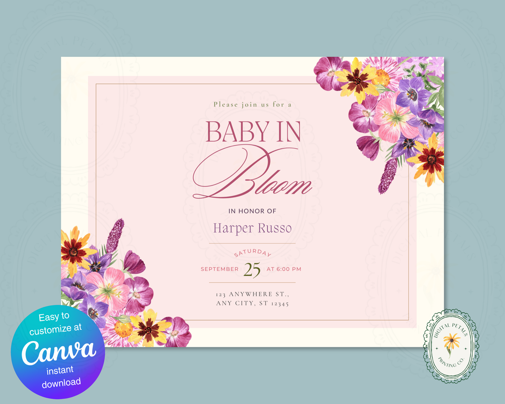 Baby in Bloom Spring Boho Baby Shower Invitation | Landscape Digital Download | Canva Editable