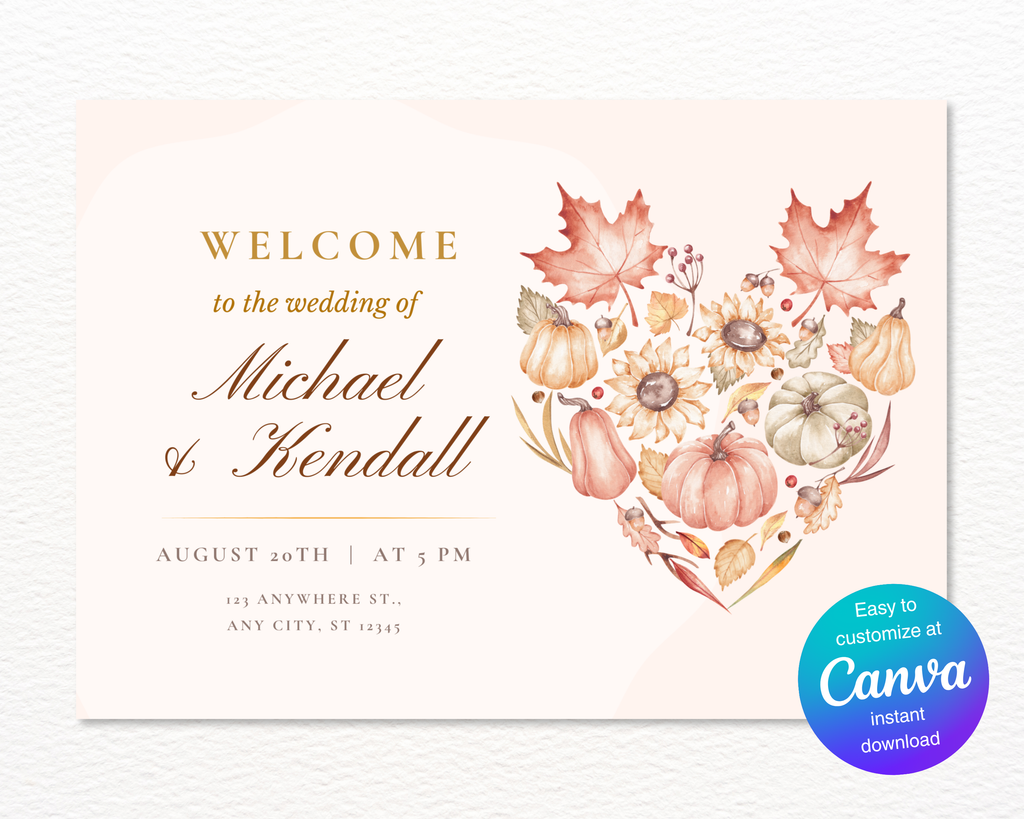 Leaves of Fall Wedding Welcome Sign | Autumn Canva Template | Editable Digital Download