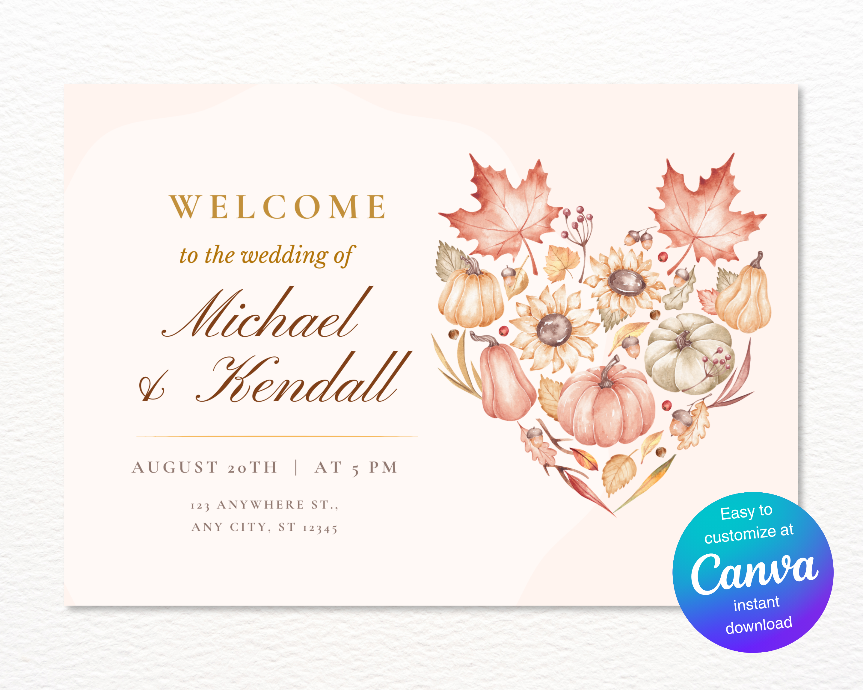 Leaves of Fall Wedding Welcome Sign | Autumn Canva Template | Editable Digital Download