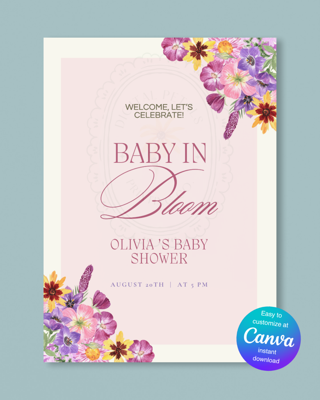 Baby in Bloom Baby Shower Invitation Template | Editable Canva Digital Download