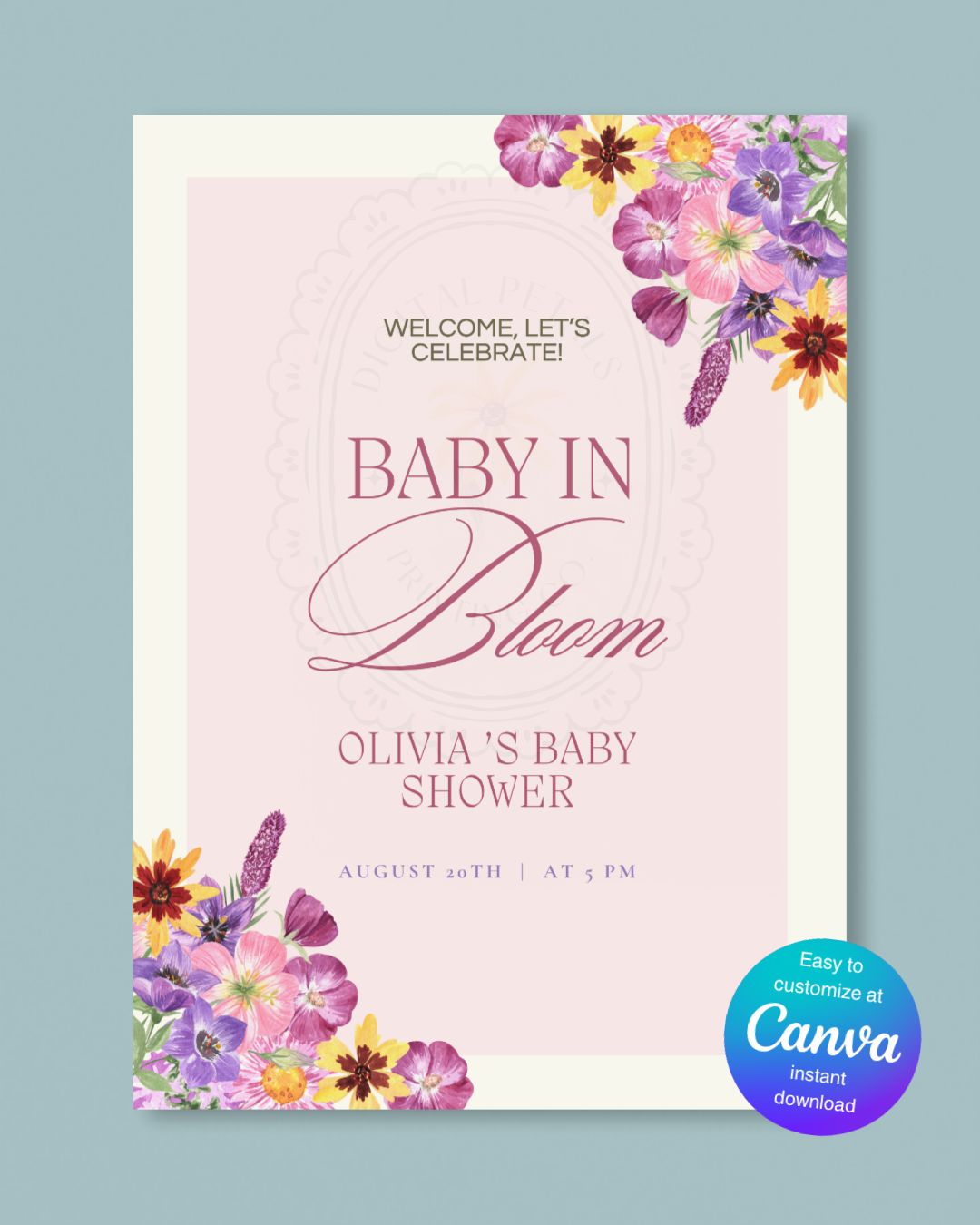Baby in Bloom Baby Shower Invitation Template | Editable Canva Digital Download