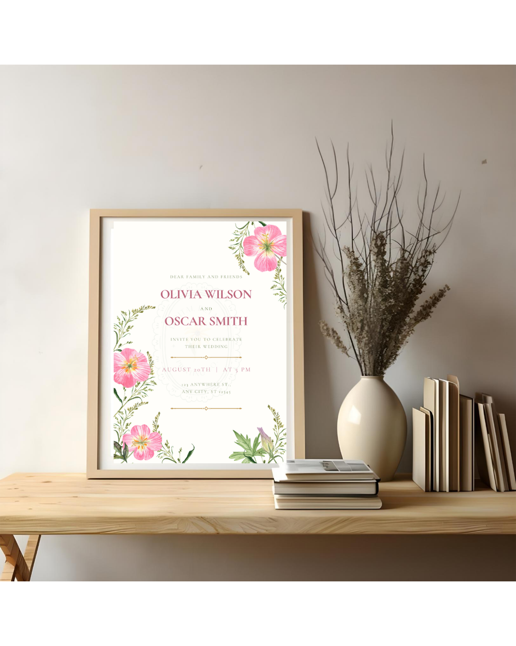 Pink Primrose Wildflower Wedding Invitation | Minimalist Printable Invite | Digital Download
