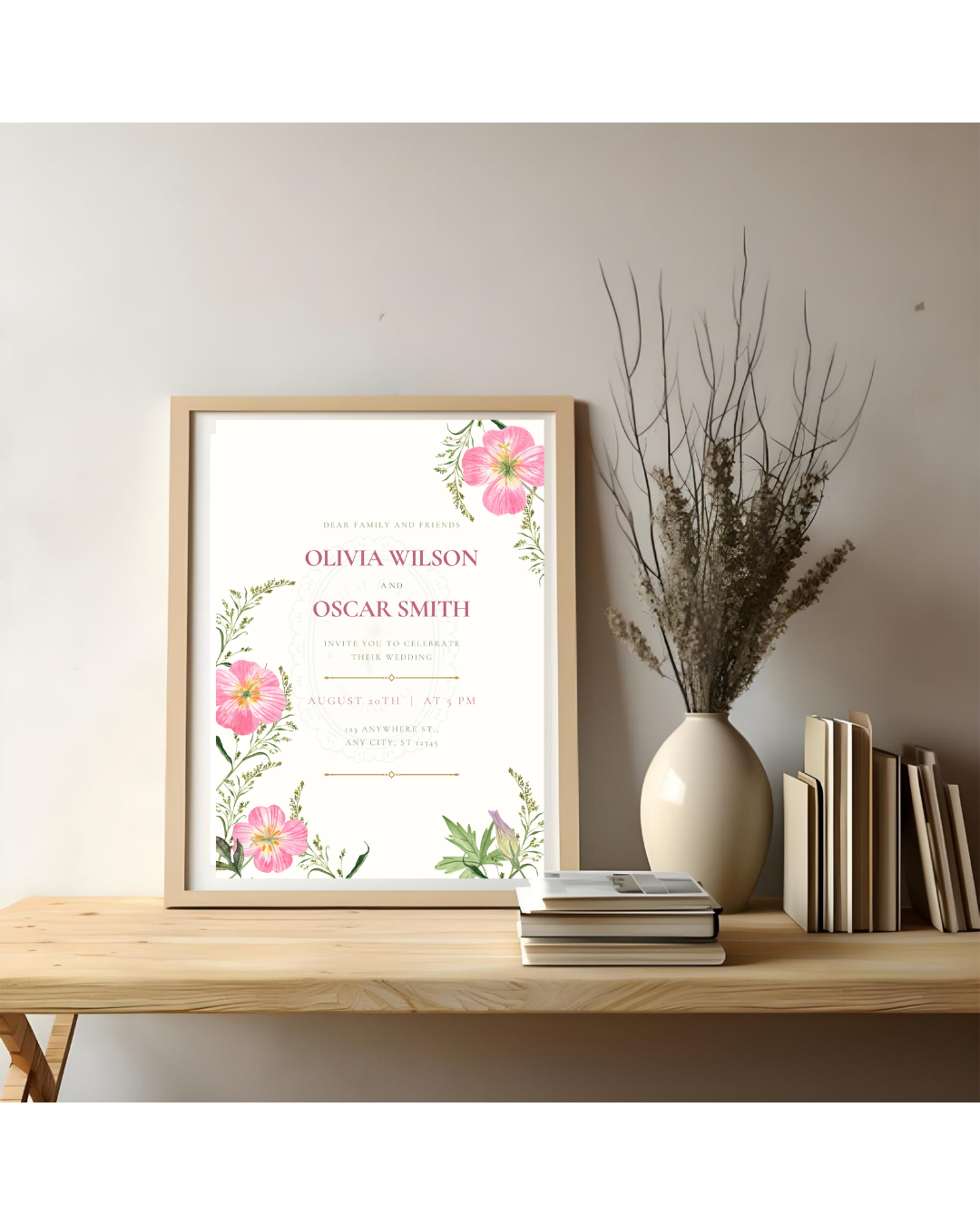 Pink Primrose Wildflower Wedding Invitation | Minimalist Printable Invite | Digital Download
