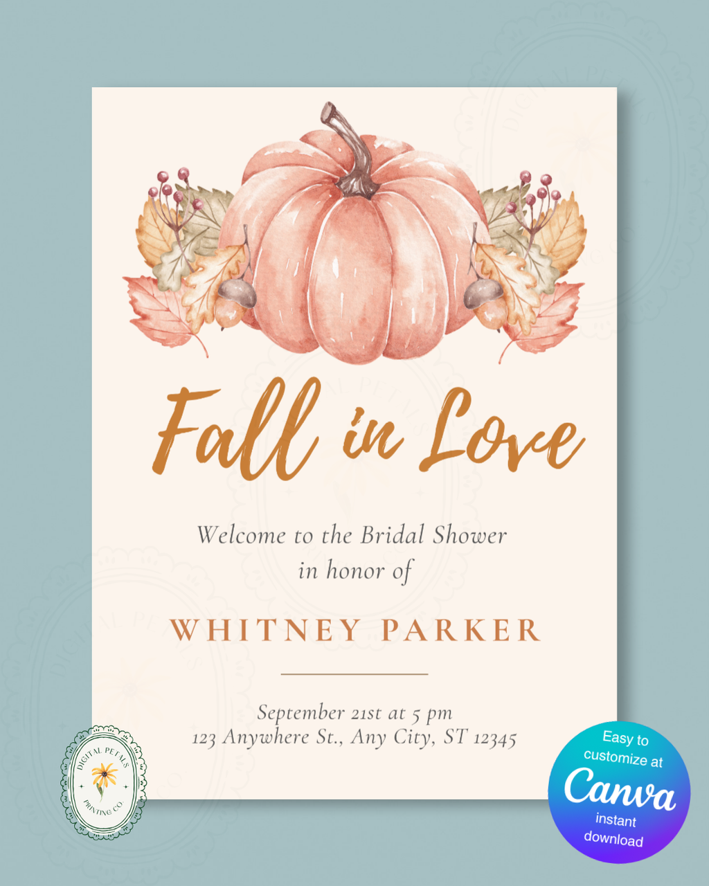 Terracotta & Rust Pumpkin Bridal Shower Welcome Sign | Fall in Love Digital Template