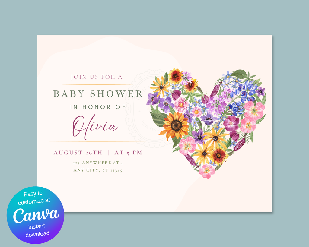 Lavender Cream Spring Heart Baby Shower Landscape Invitation | Floral Digital Download | Canva Editable