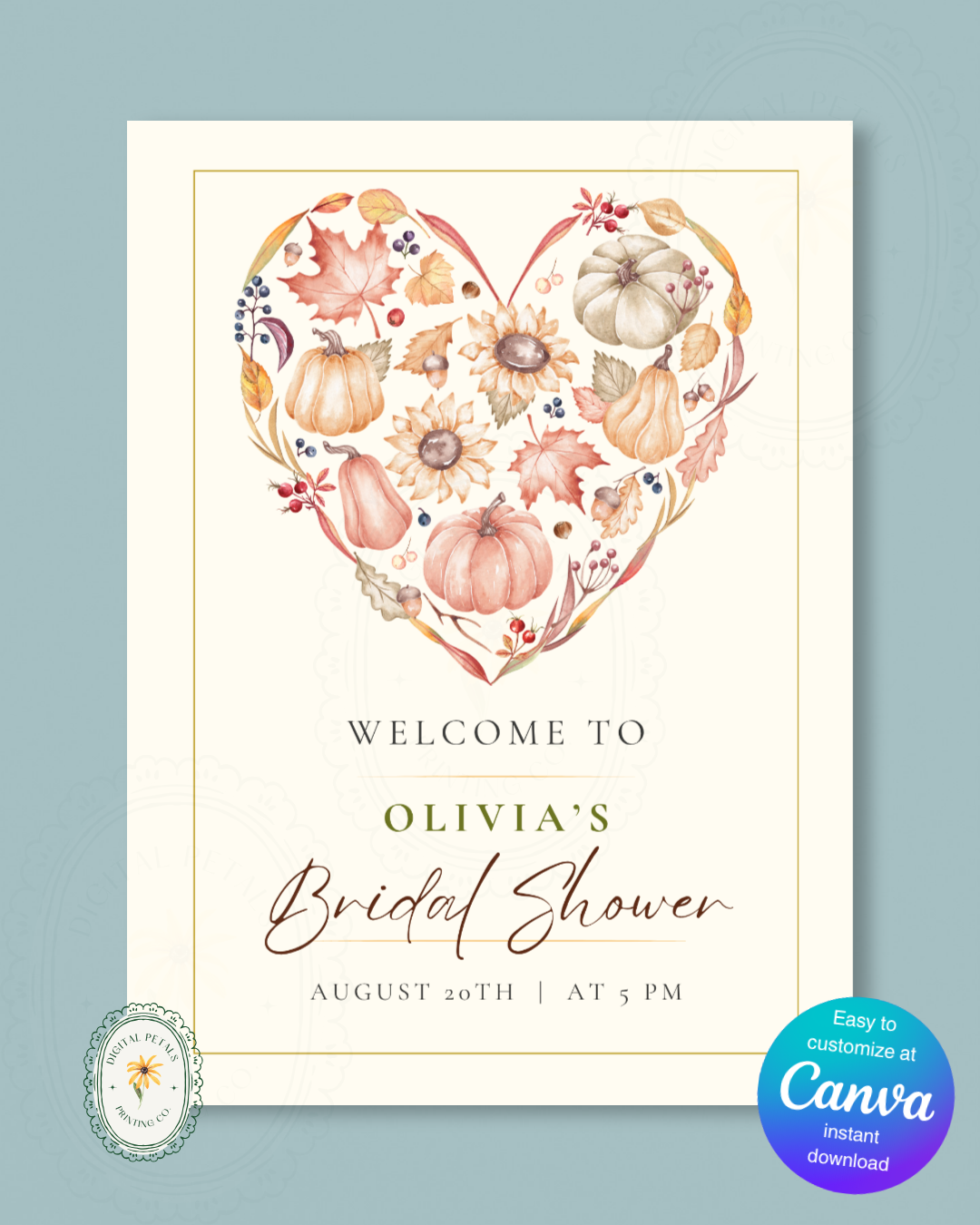 Terracotta & Rust Autumn Heart Bridal Shower Welcome Sign | Editable Canva Template | Digital Download
