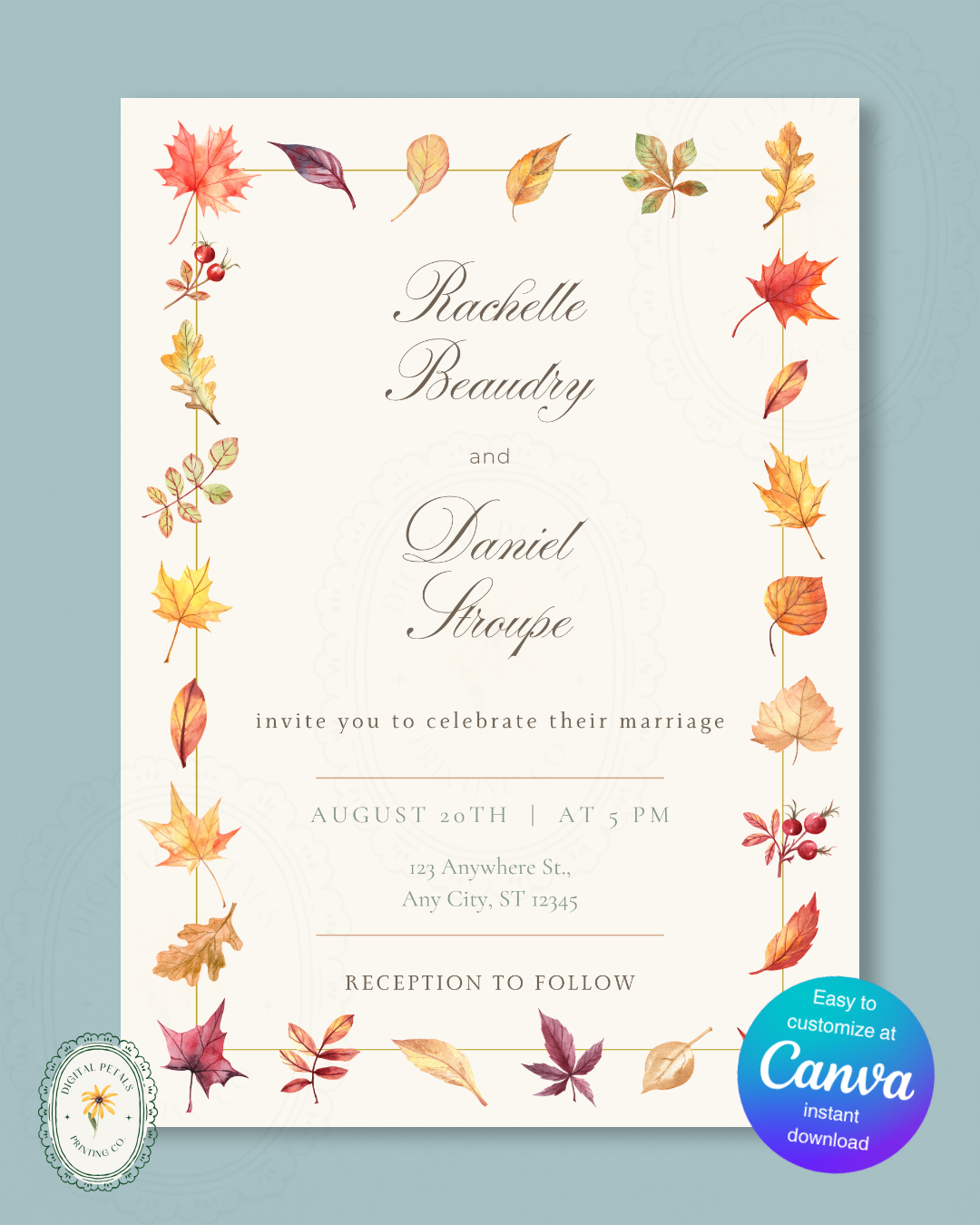 Fall Wedding Invitation Printable | Autumn Wildflower Boho Wedding Invite | Digital Download