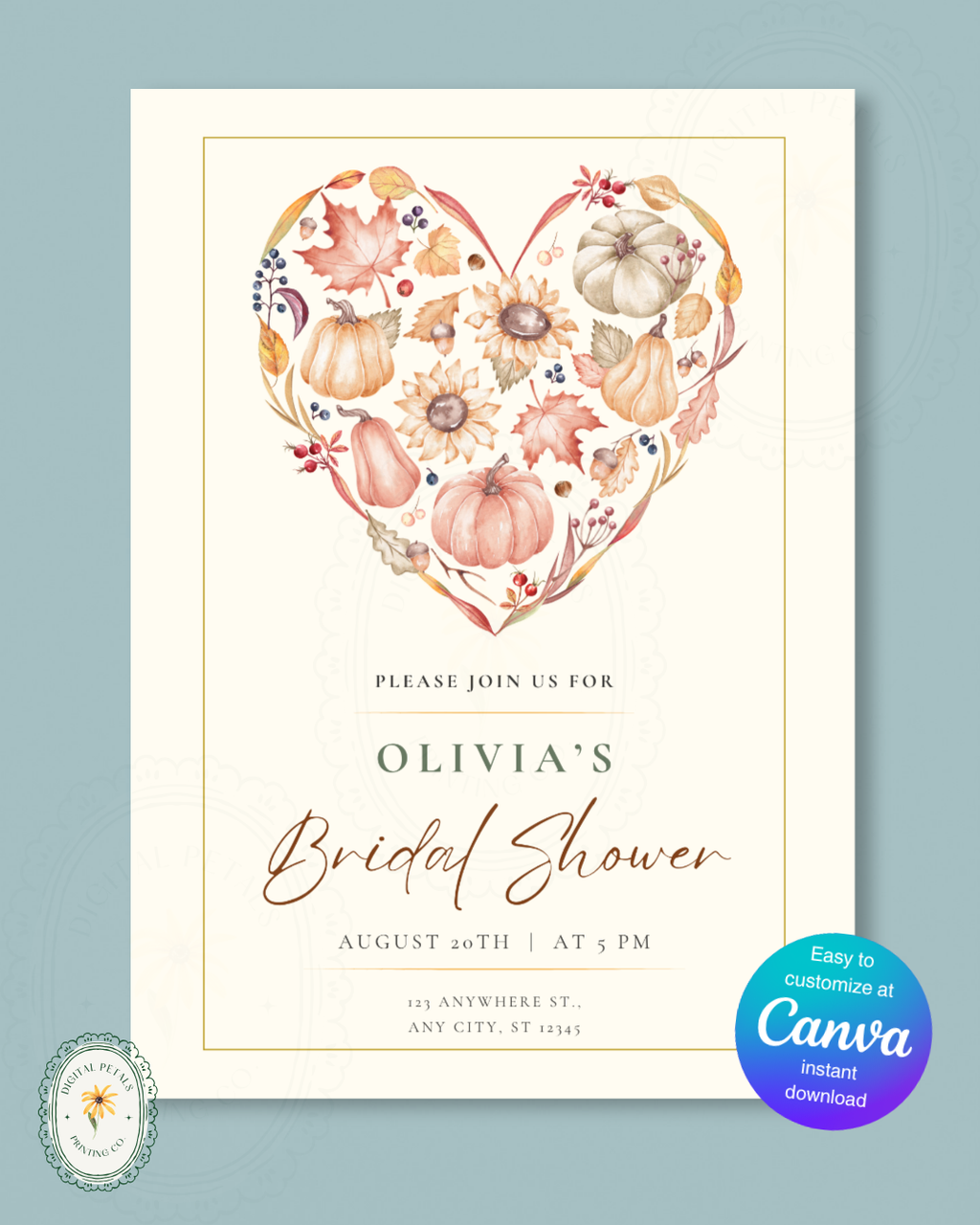 Terracotta & Rust Autumn Heart Bridal Shower Invitation | Printable Floral Invite | Digital Download