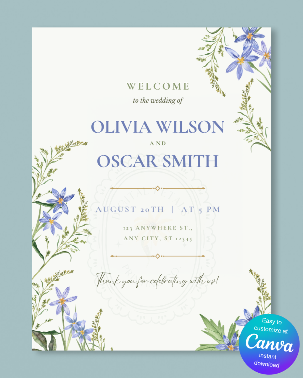 Blue Wildflower Wedding Welcome Sign | Editable Canva Template | Digital Download