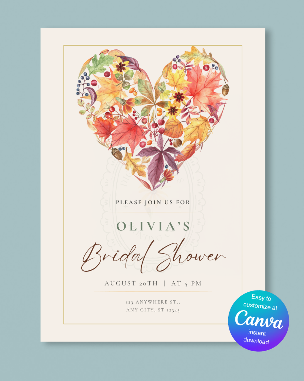 Terracotta & Rust Fall Heart Bridal Shower Invitation — Editable Digital Download Template