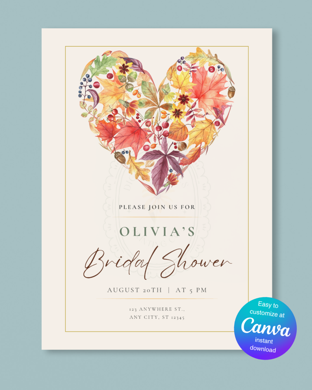 Terracotta & Rust Fall Heart Bridal Shower Invitation — Editable Digital Download Template