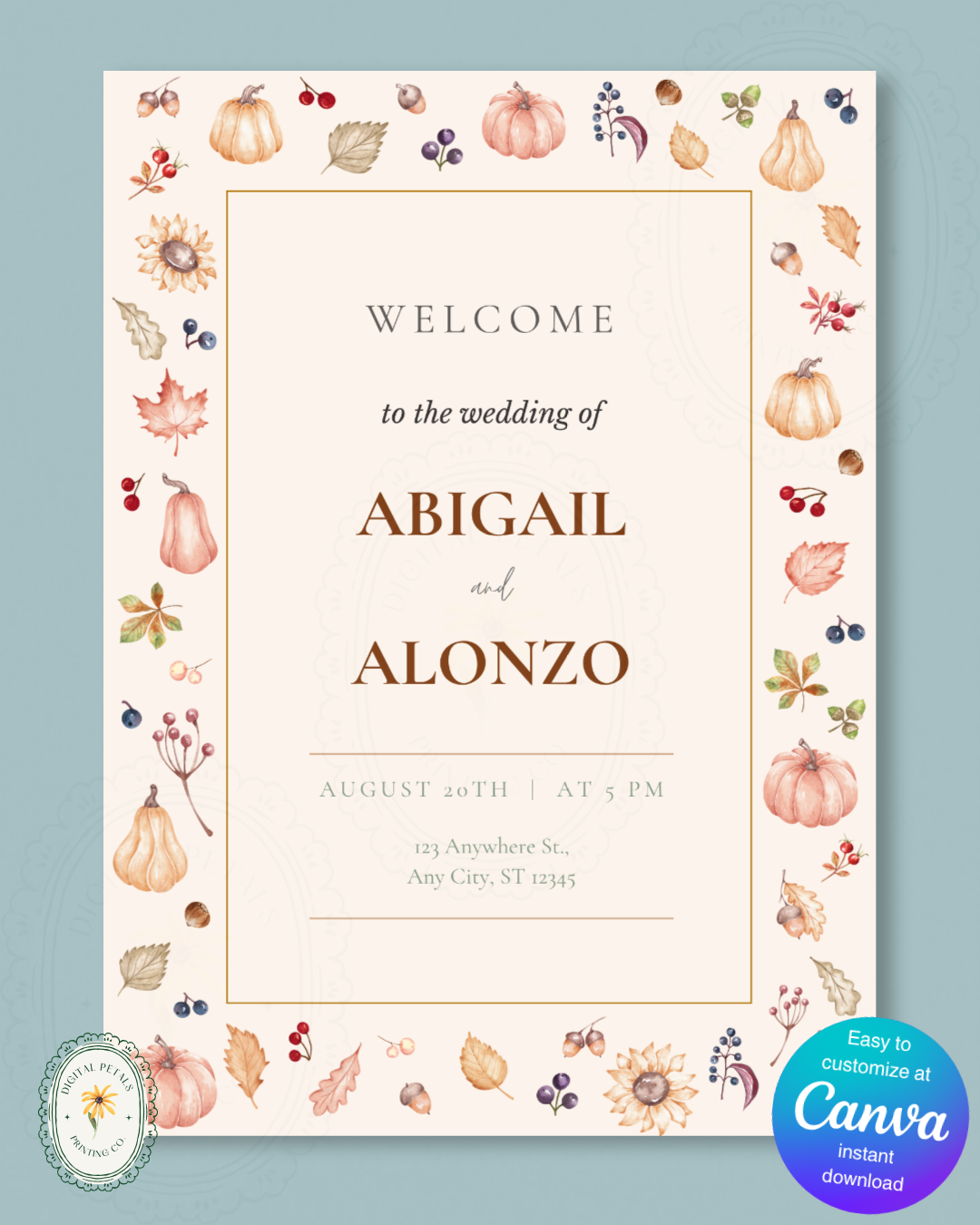 Autumn Harvest Wildflowers Wedding Welcome Sign Template | Editable Canva Digital Download