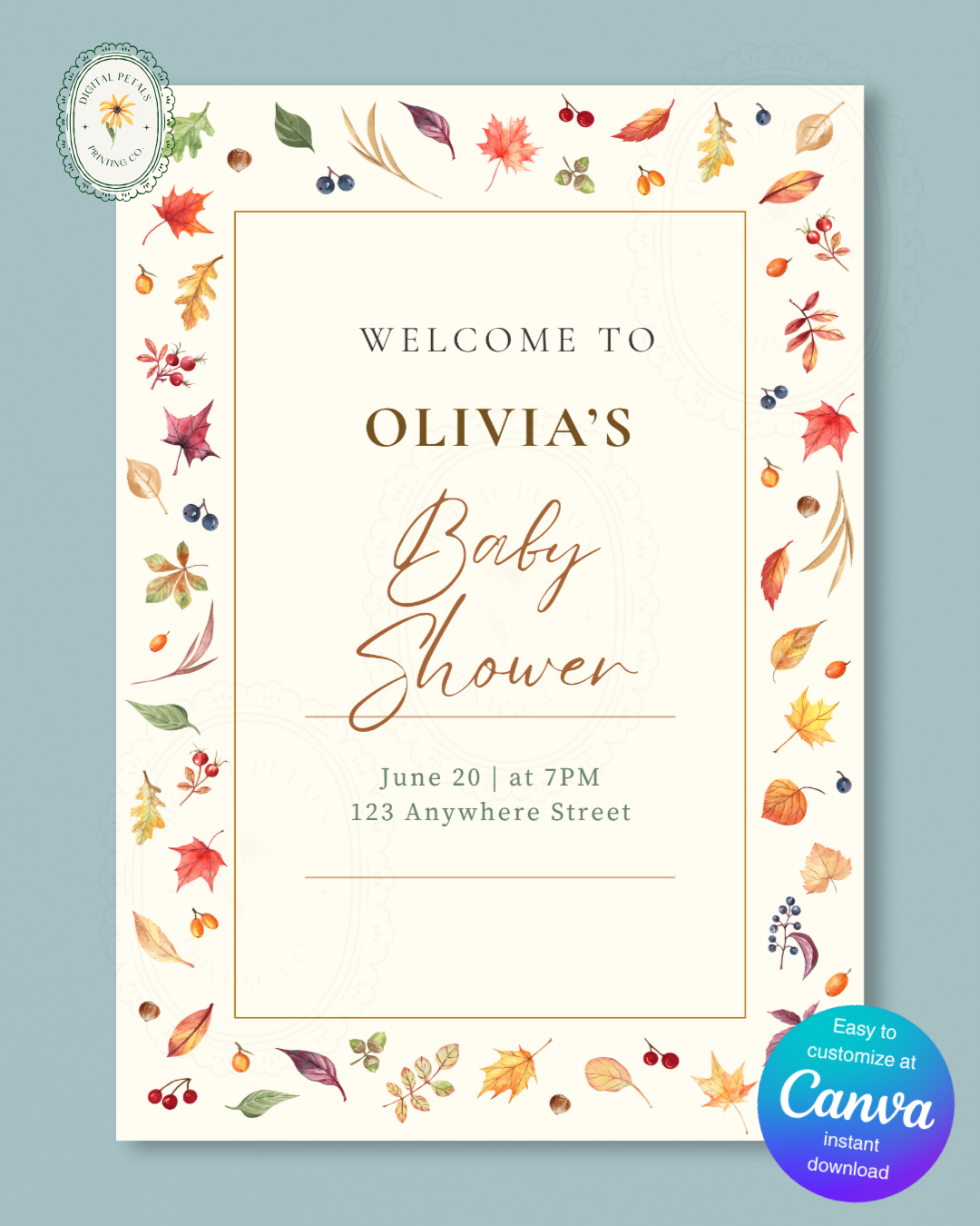 Terracotta & Cream Fall Leaves Baby Shower Welcome Sign | Editable Canva Template | Digital Download