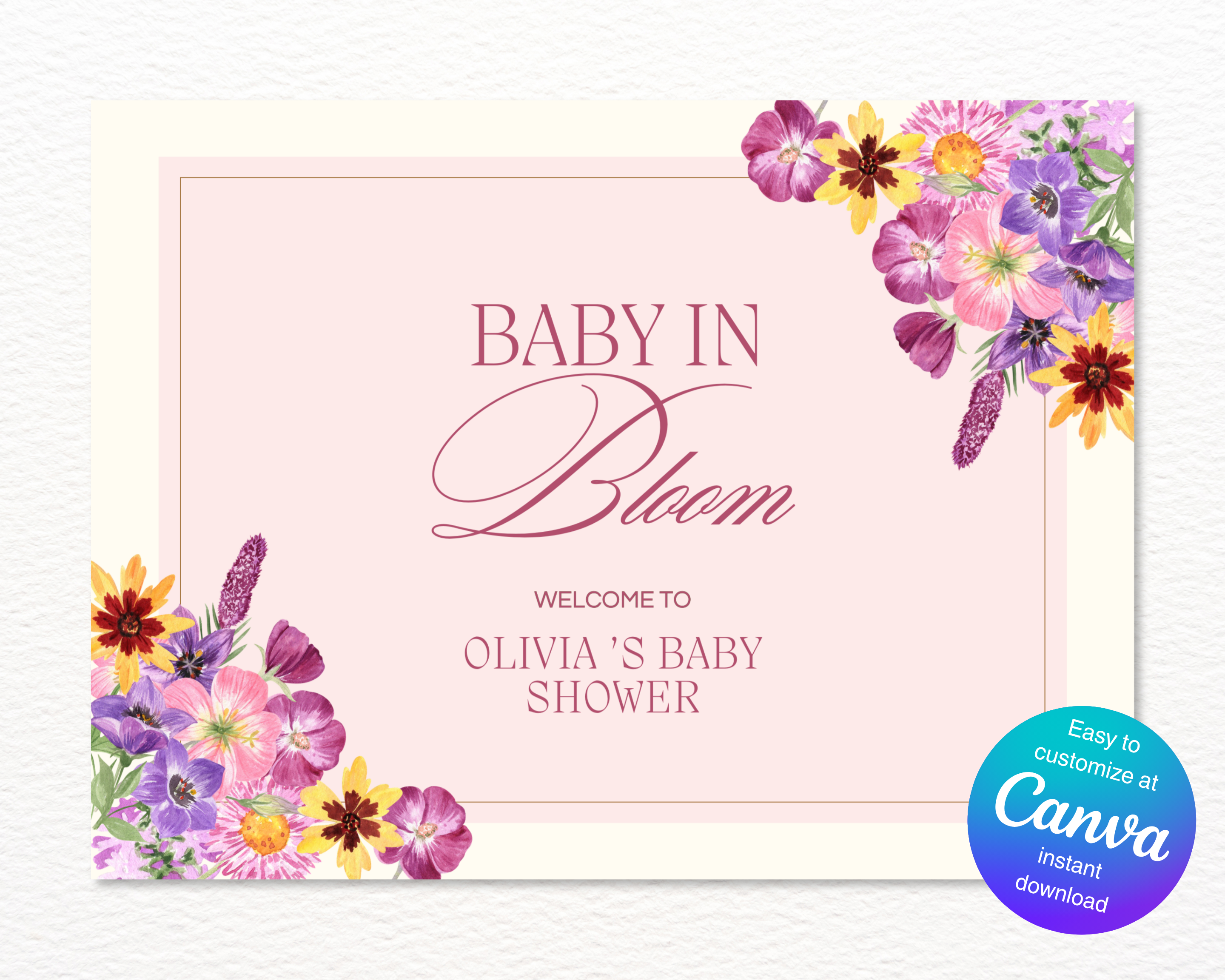 Baby in Bloom Spring Baby Shower Welcome Sign | Floral Canva Template | Editable Digital Download