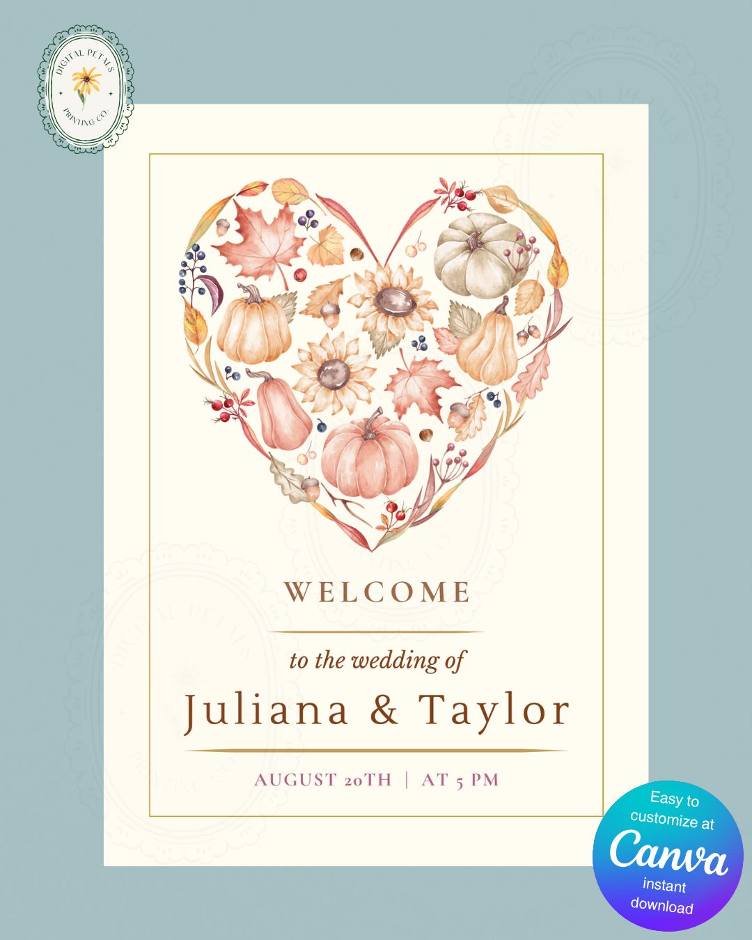 Terracotta & Rust Autumn Heart Wedding Welcome Sign | Editable Canva Template | Digital Download