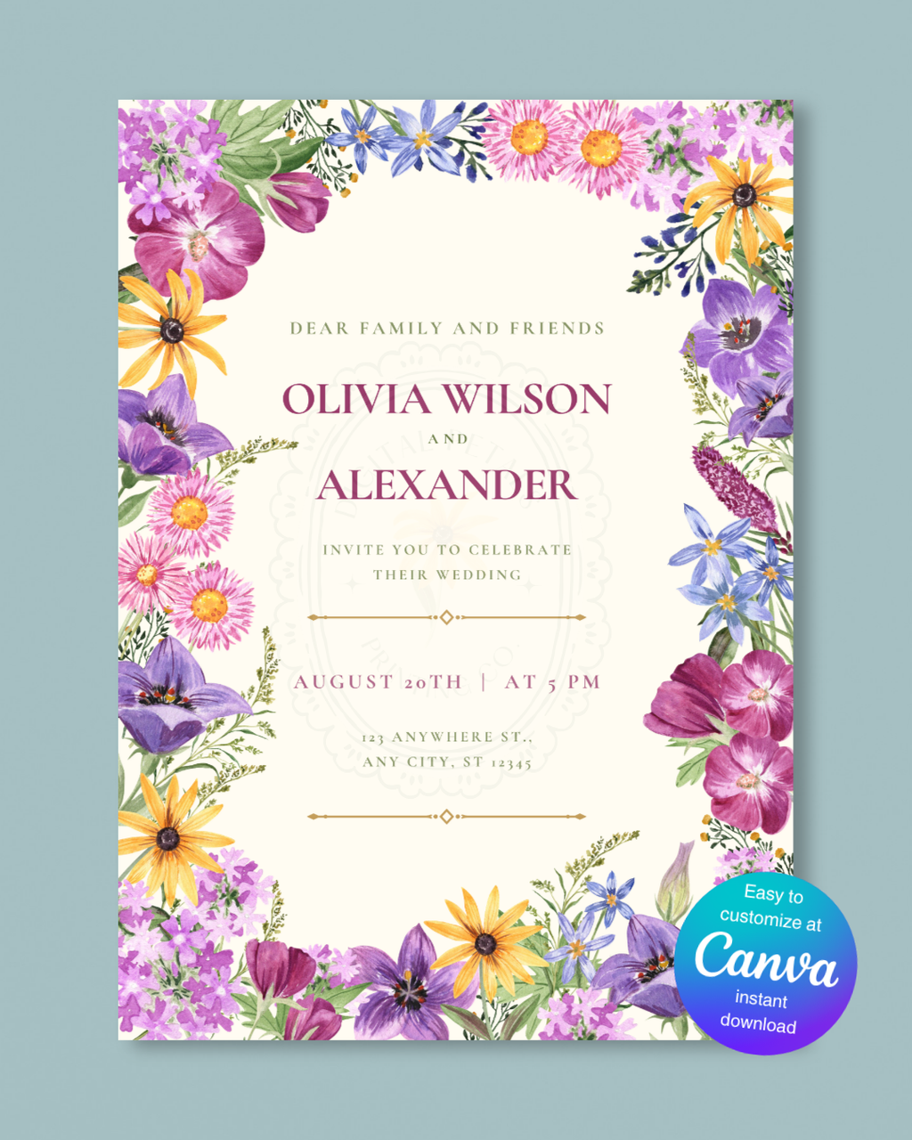 Wildflower Cottagecore Wedding Invitation Template | Editable Canva Design, Floral Botanical Spring