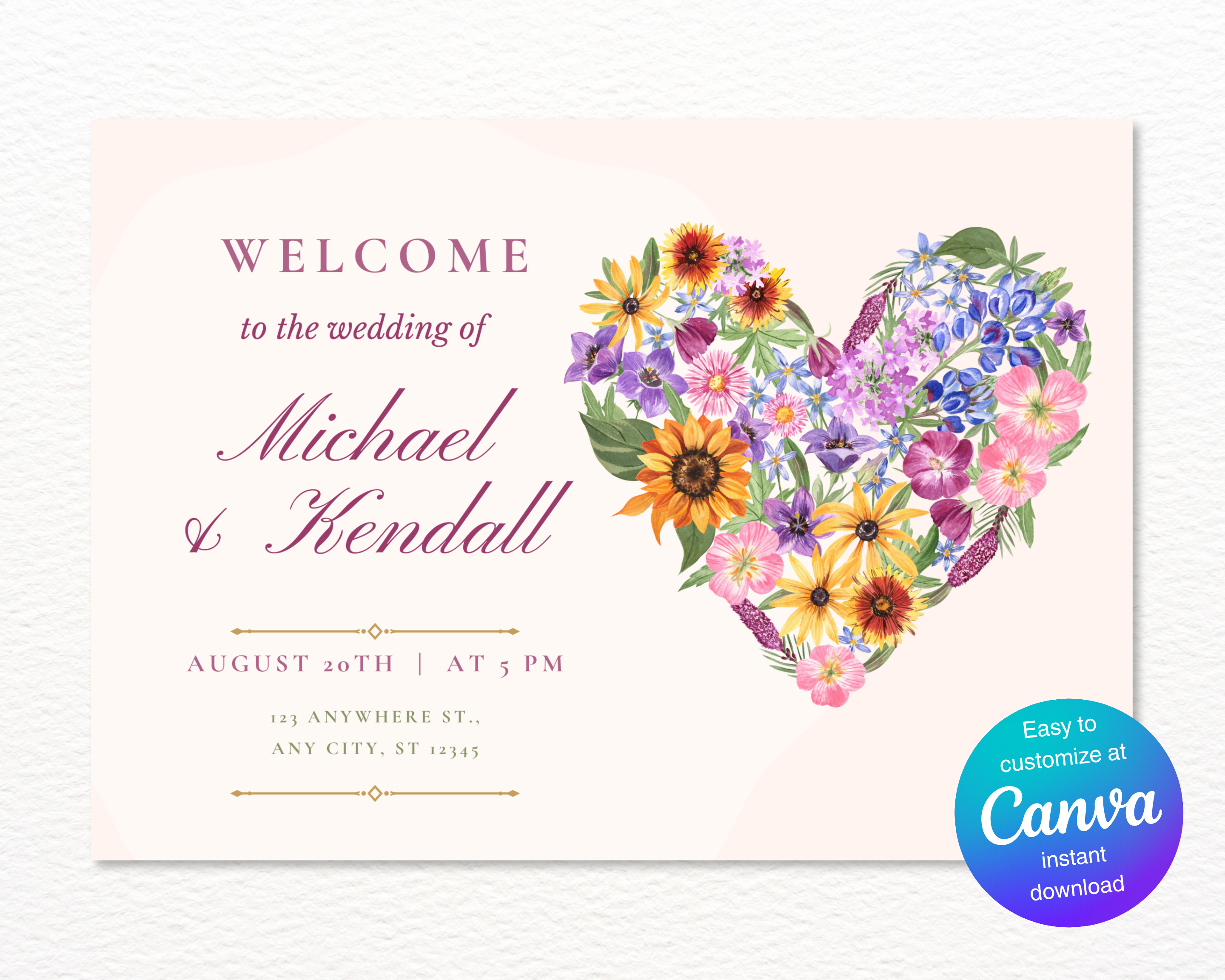 Wildflower Wedding Welcome Sign | Boho Floral Heart Border | Editable Canva Digital Download | Print at Home