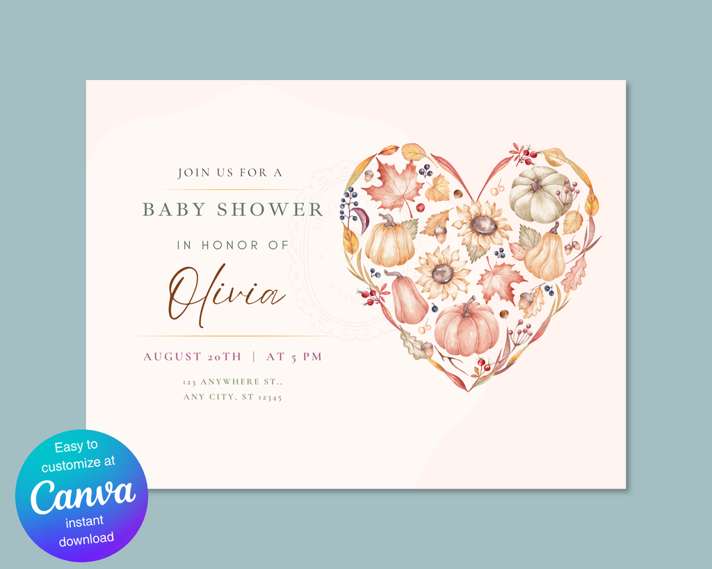Autumn Heart Baby Shower Invitation | Autumn Floral Landscape | Canva Digital Download