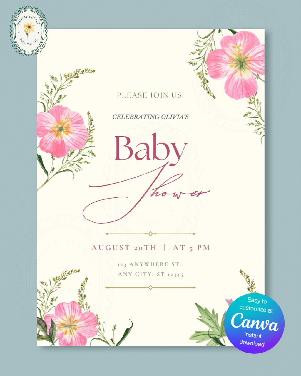 Dusty Rose & Blush Pink Wildflower Baby Shower Invitation | Minimalist Printable Invite | Digital Download