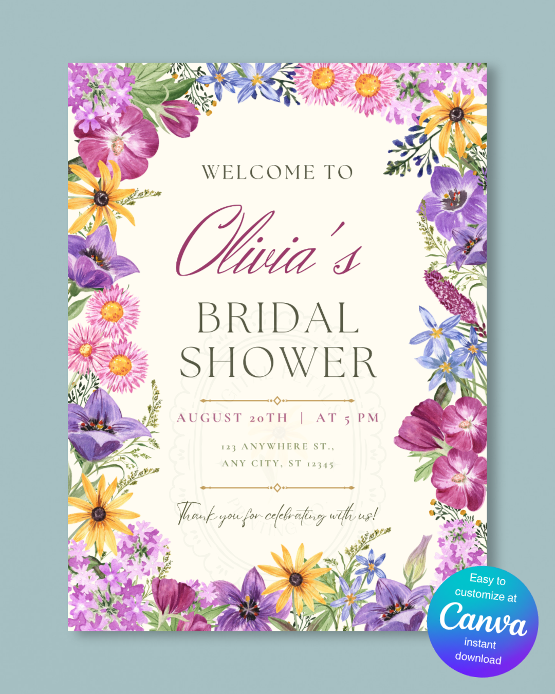 Boho Wildflower Border Bridal Shower Welcome Sign | Editable Canva Template | Digital Download