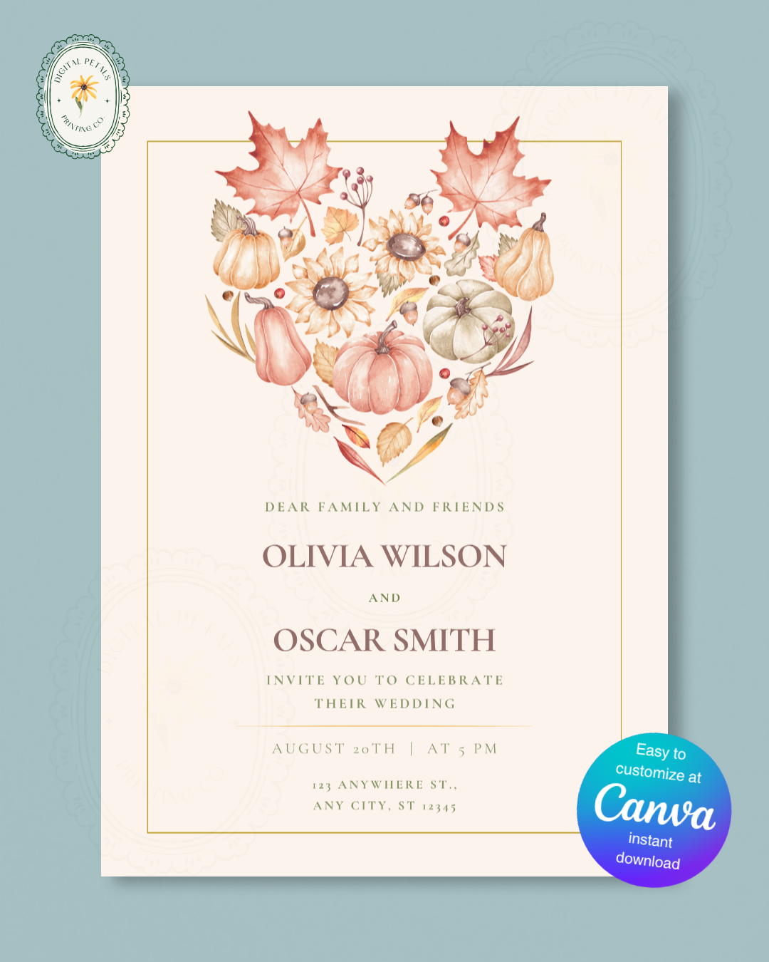 Burgundy Fall Leaves Wedding Invitation Template | Editable Canva Digital Download