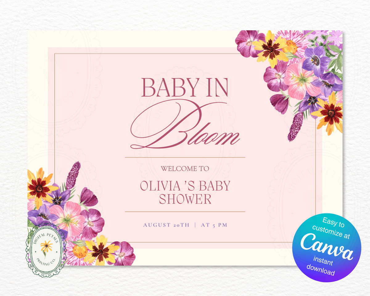 Baby in Bloom Spring Baby Shower Welcome Sign | Floral Canva Template | Editable Digital Download