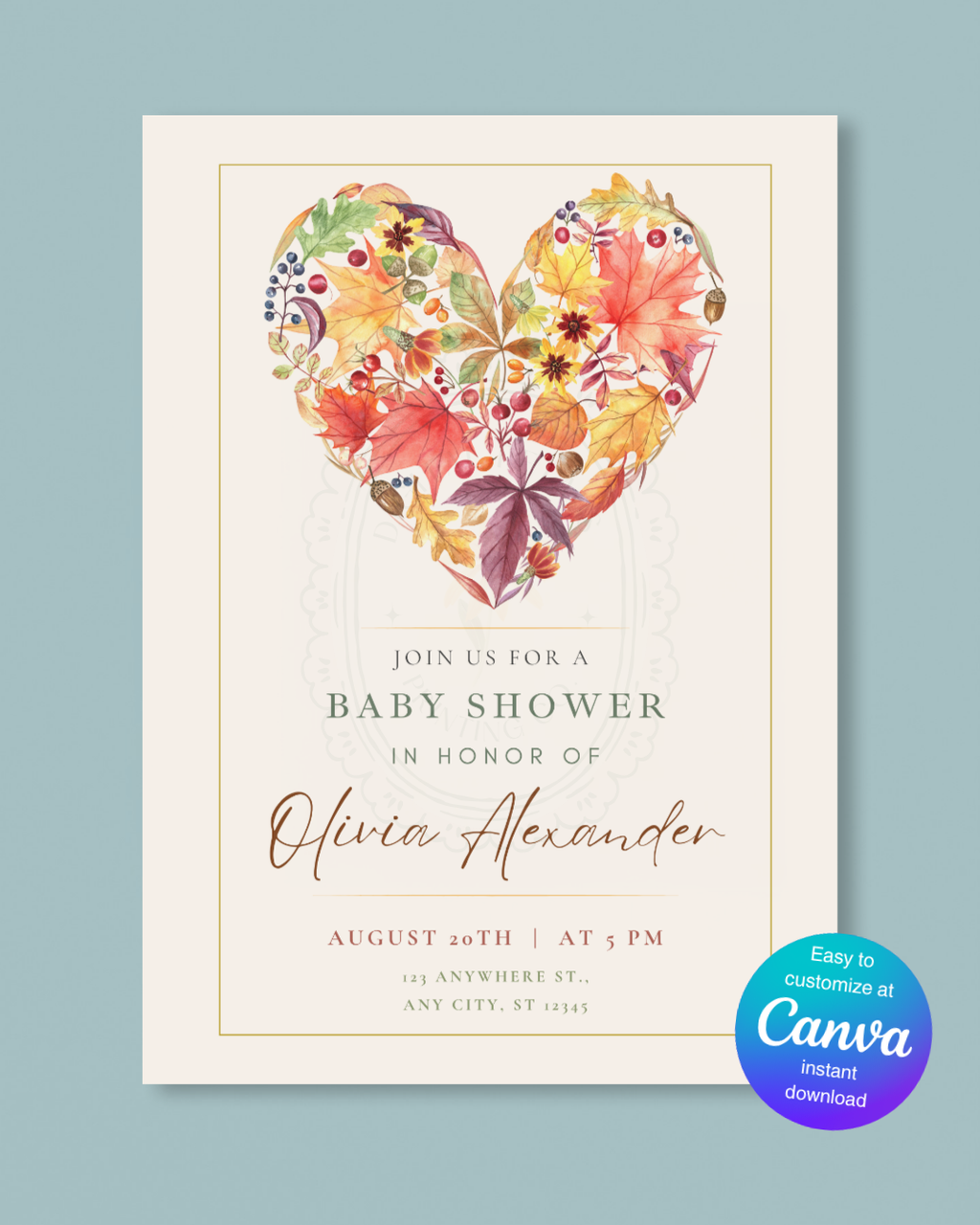 Terracotta & Rust Fall Heart Baby Shower Invitation — Editable Digital Download Template