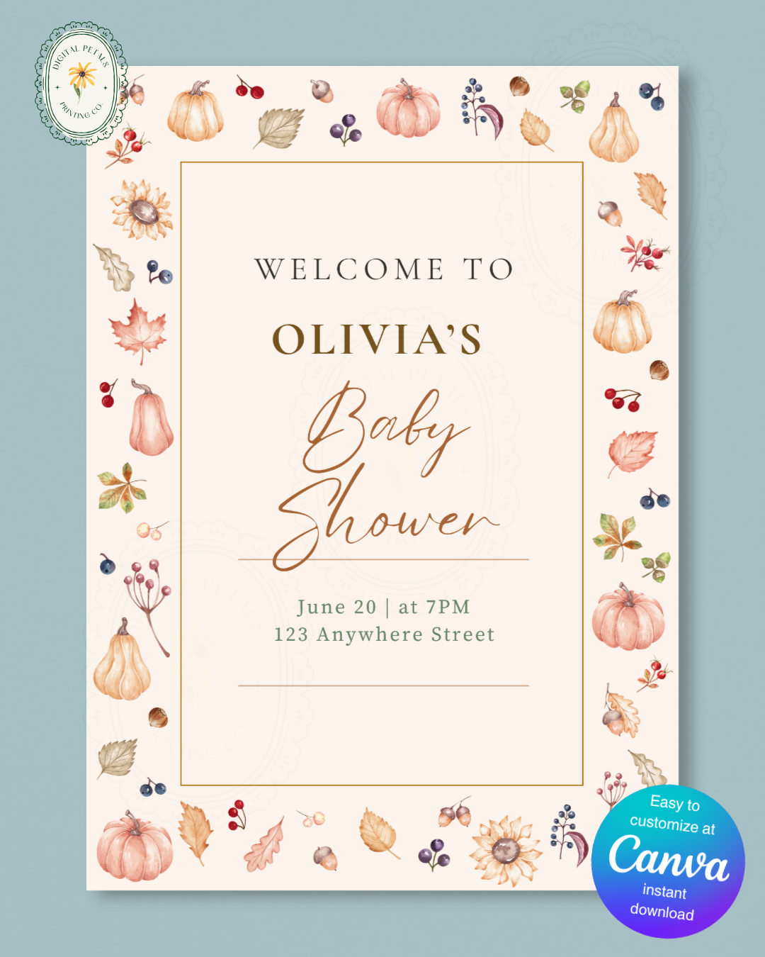 Autumn Harvest Wildflowers Baby Shower Welcome Sign Template | Editable Canva Digital Download