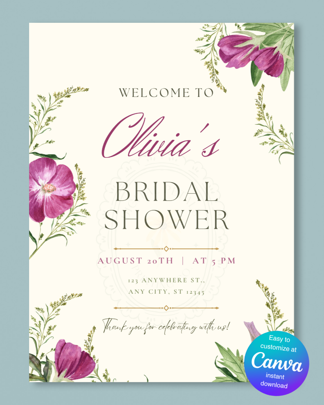 Lavender & Lilac Wildflower Bridal Shower Welcome Sign | Editable Canva Template | Digital Download