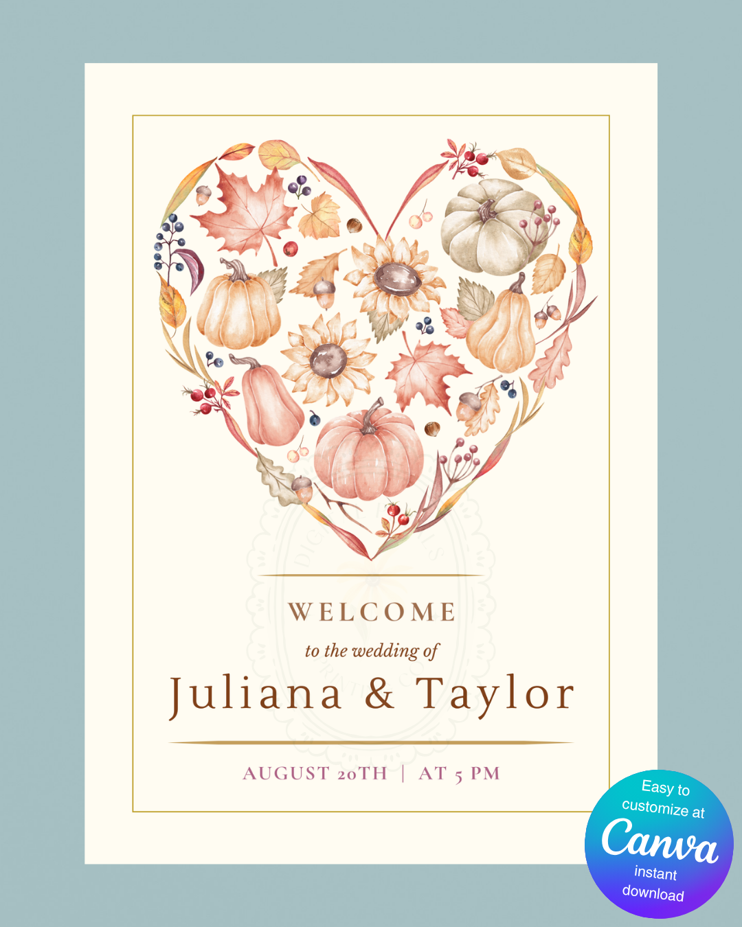 Autumn Heart Wedding Welcome Sign | Editable Canva Template | Digital Download