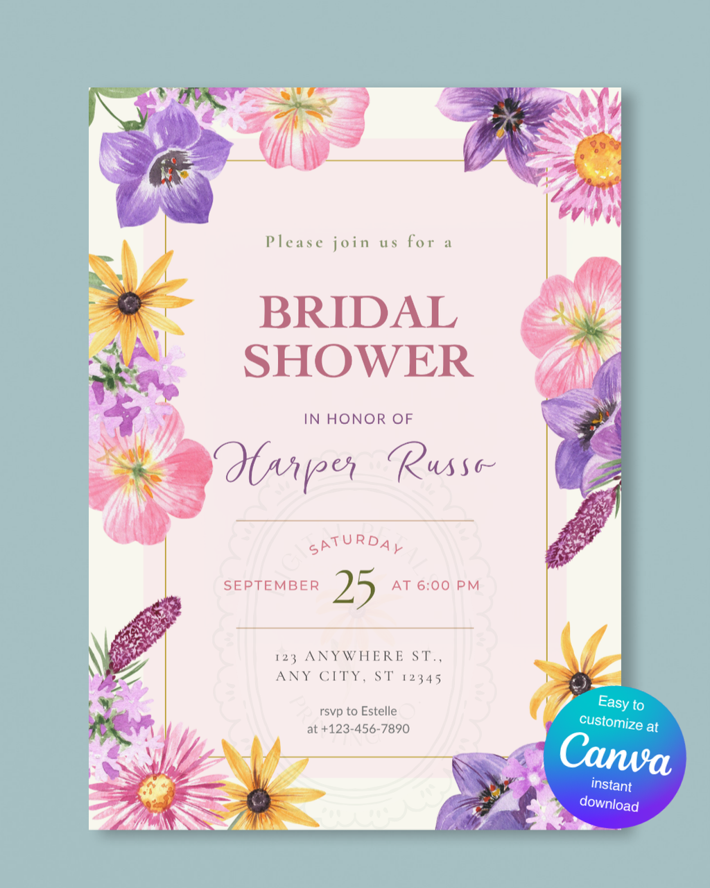 Wildflower Cottagecore Bridal Shower Invitation | Editable Canva Template, Floral Spring Botanical