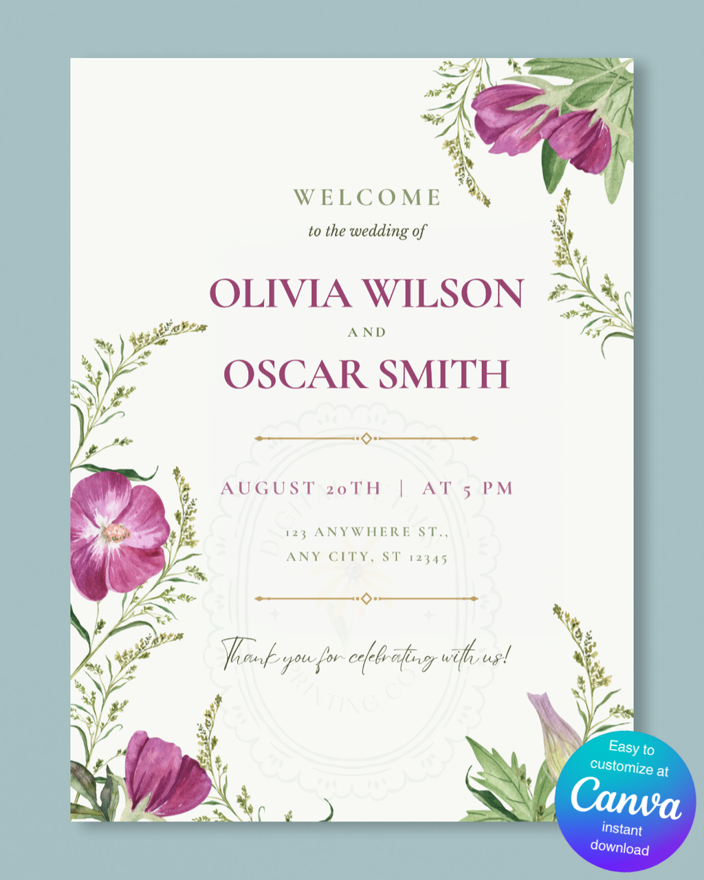 Purple Wildflower Wedding Welcome Sign | Editable Canva Template | Digital Download