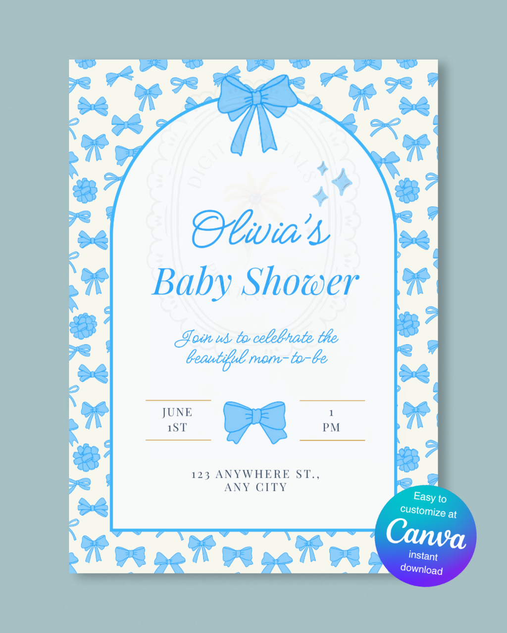 Baby Shower Invitation Template | Powder Blue Ribbons & Bows | Canva Editable